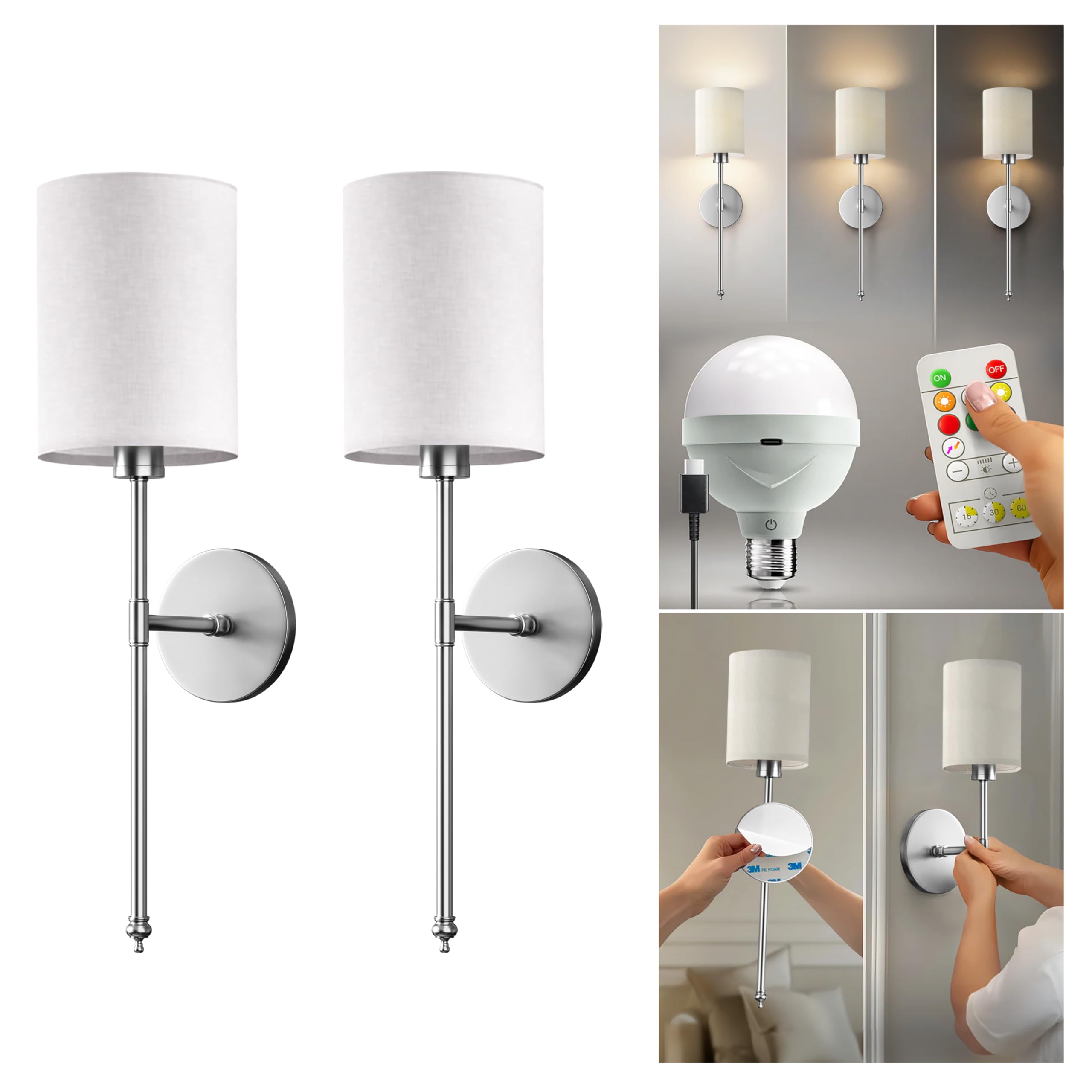 PRIDOLA Set of 2 Wireless Wall Sconces - Stick-On or Screw Mount for Easy Installation with Rechargeable LED Bulbs, Remote Controlled, Adjustable Brightness & Warmth, Vintage Wall Decor (Silver)