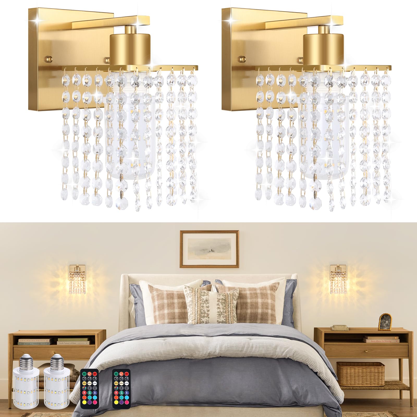Shenmoyl Set of 2 Crystal Battery Operated Wall Sconce, Rechargeable Battery Powered Wall Lamp with Remote Control, Modern Dimmable Wall Lights for Bedroom Bathroom(Green, Gold Base)