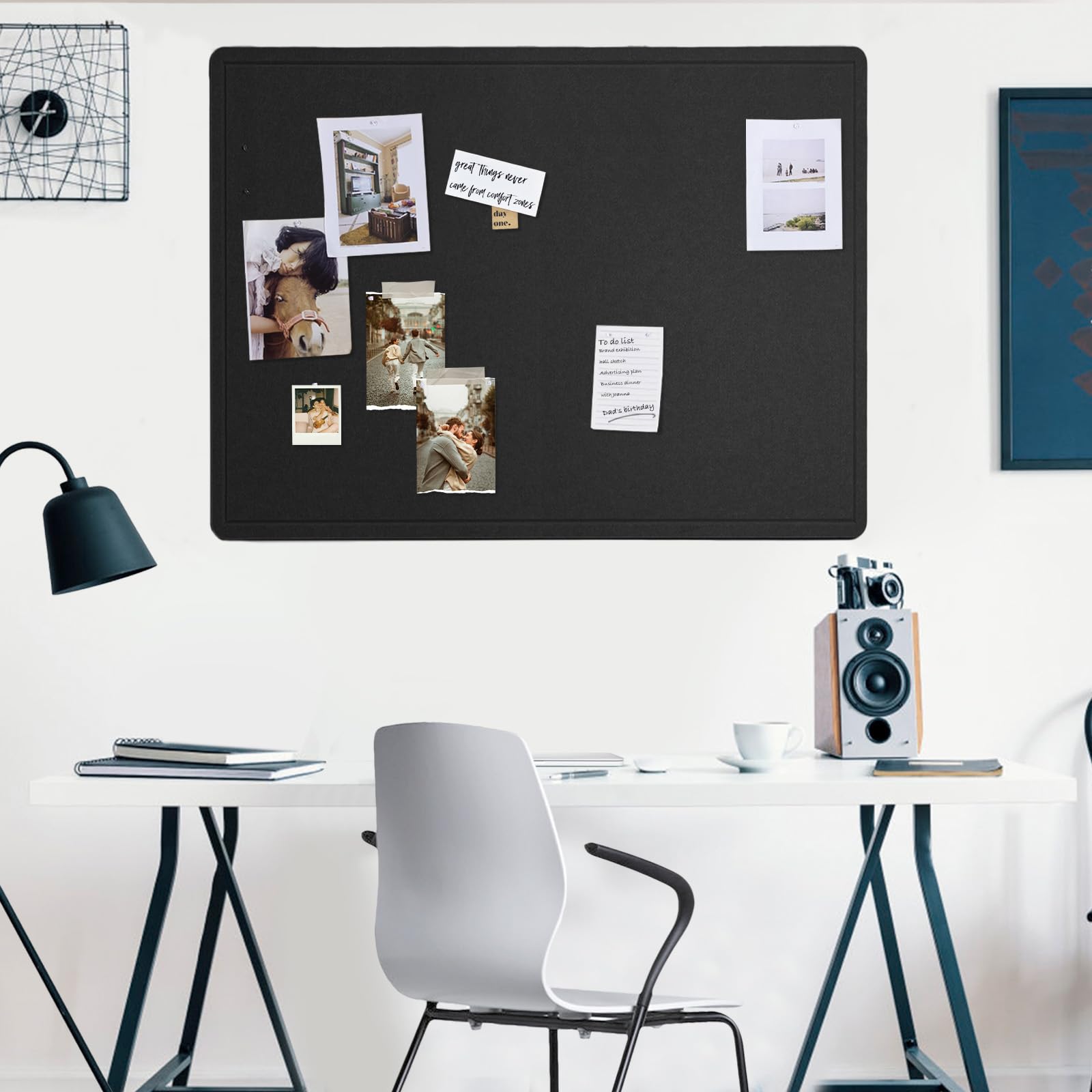 Lightomorrow Bulletin Board, 24 x 18 inches Decorative Felt Pin Board, Vision Board Cork Board Alternative for Wall, Foldable Photo Board Self-Adhesive Vision Board Mood Board with 20 Pushpins - Black