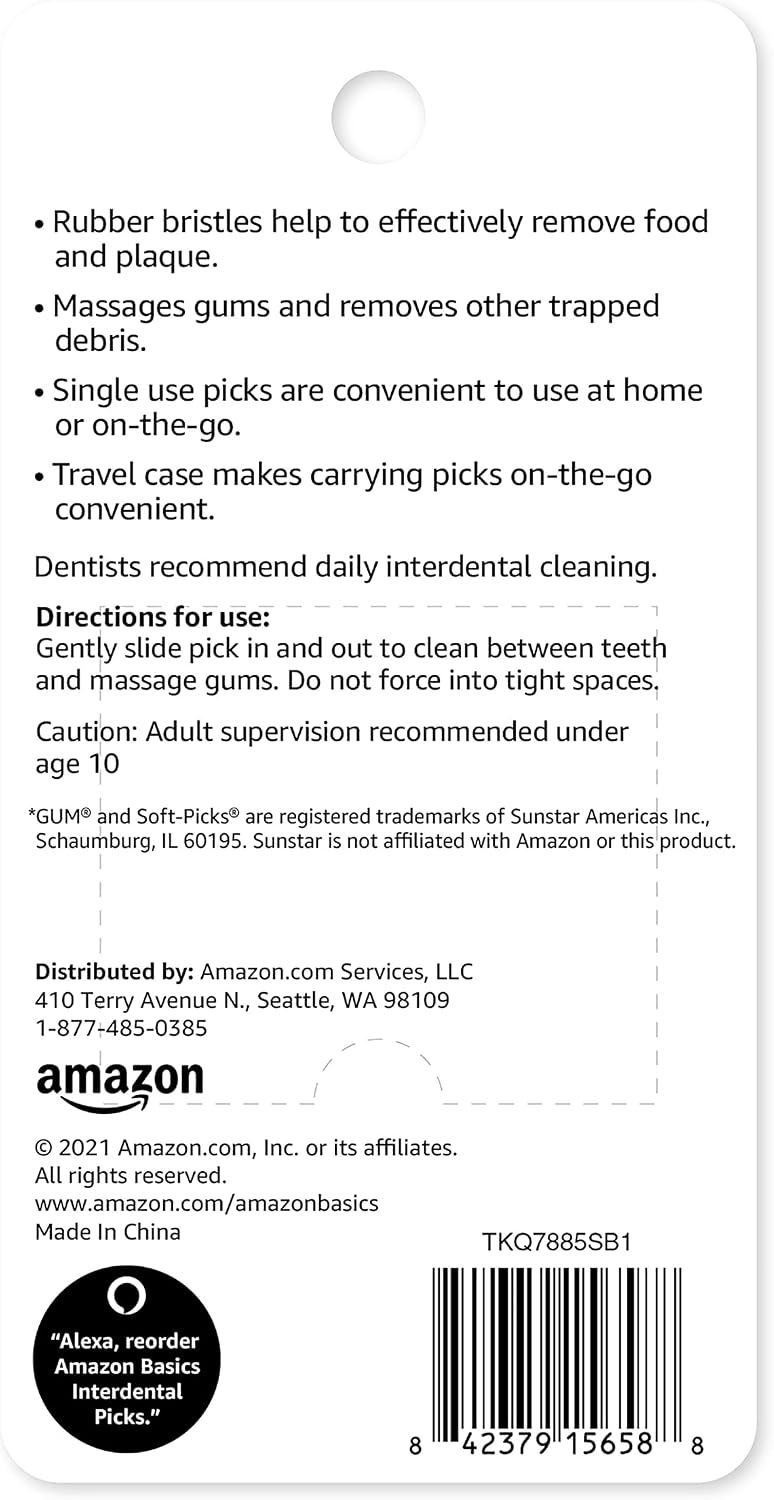 Amazon Basics Super Soft Interdental Picks for Plaque Remover and Teeth Cleaning, Easy to Use with Travel Case Included, 100 Count