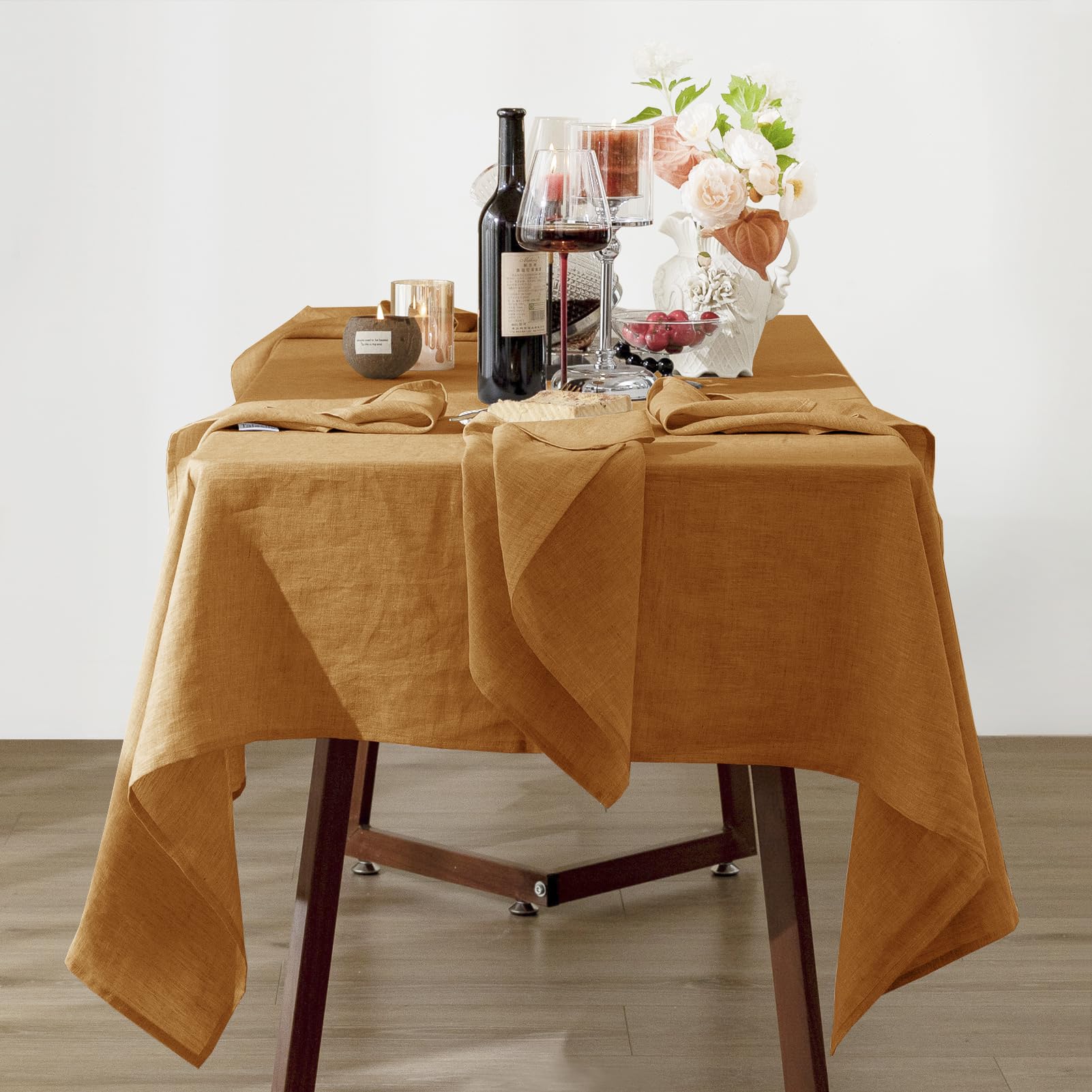 Talasily Linen Tablecloth 100% Pure Linen Table Cloth 60x84 Inches Rectangle Tablecloths Washable Cloths for Kitchen, Dining, Buffet Parties, Holidays, Picnic, Weddings and Restaurants-Caramel