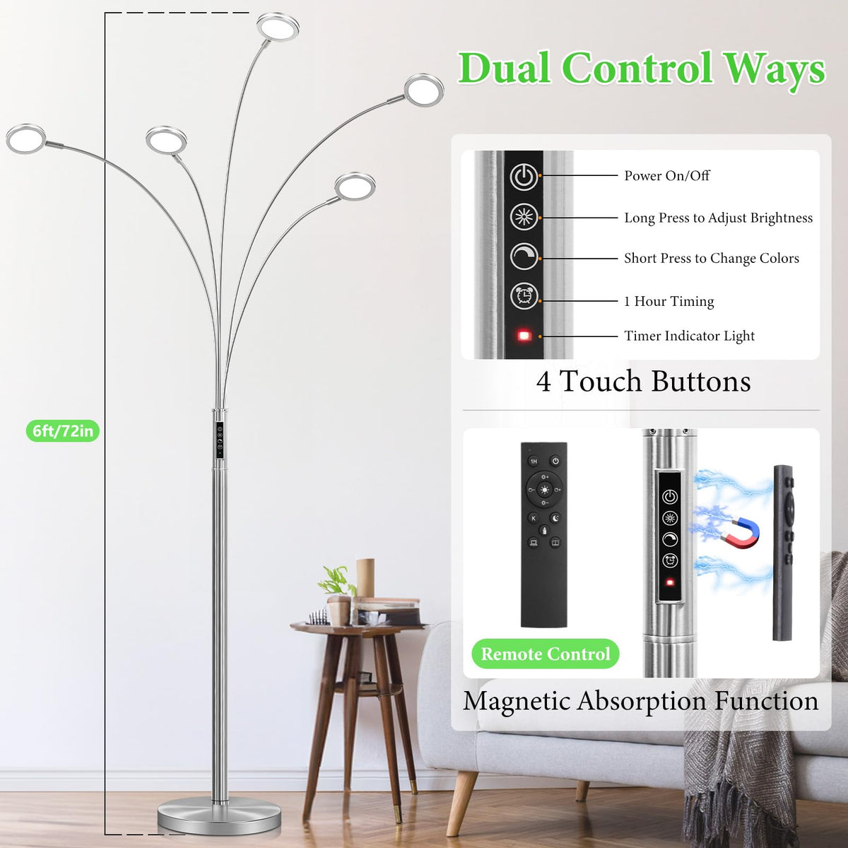LED Arc Floor Lamp with Remote, 2250LM Dimmable Gold Floor Lamp with Timer, Adjustable Colors, Brightness & 5 Adjustable Arms, Multi-Head Tall Tree Standing Lamp for Living Room Bedroom Corner Office