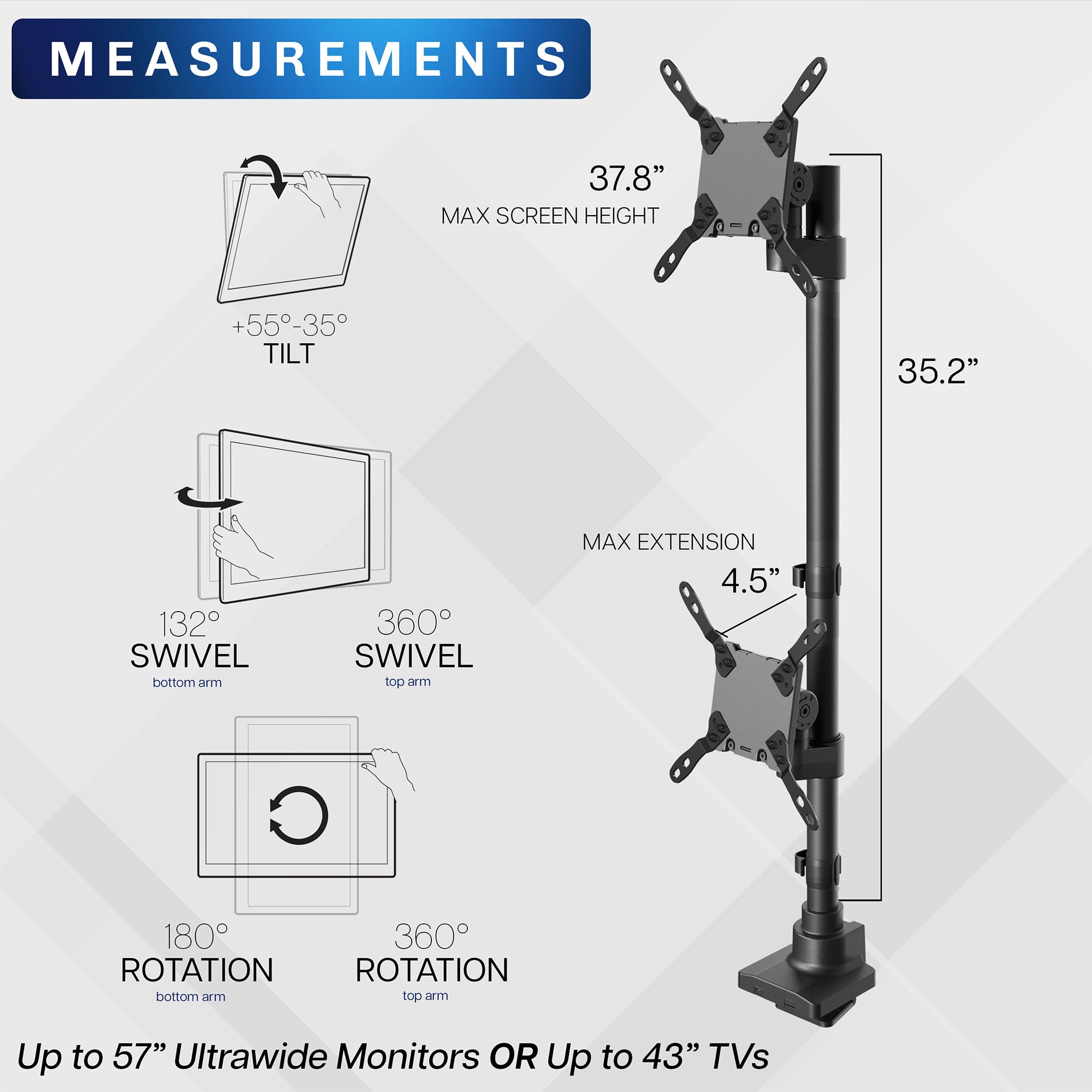 VIVO Dual Monitor Desk Mount Stand with Height Adjustment and VESA Plates for 2 LCD Ultrawide Screens up to 34 inches, Stacked Array, STAND-V002R