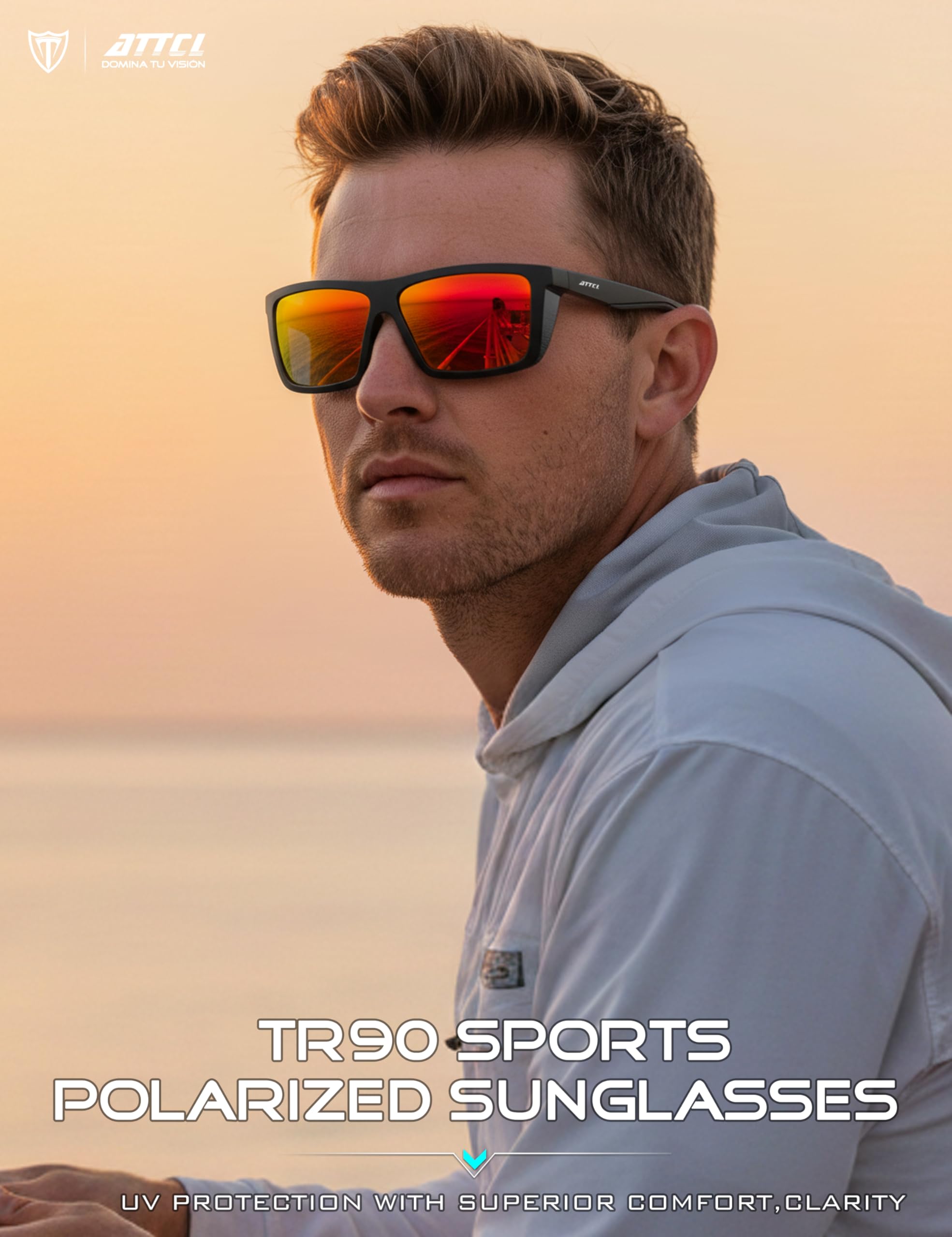 ATTCL Sports Polarized Sunglasses for Men: Secure Anti-Slip Lightweight TR90 Square Frame UV Protection for Driving Fishing