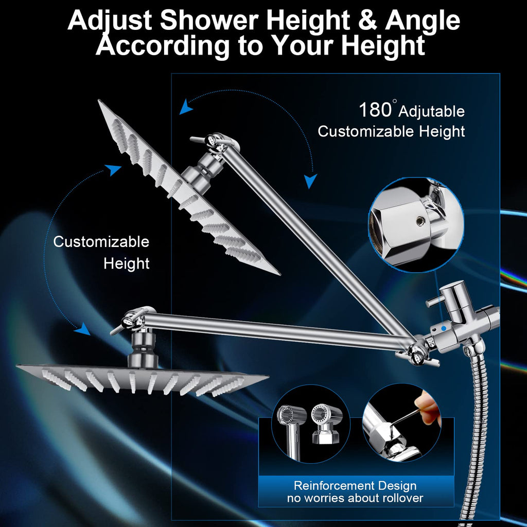 Shower Head Combo(Brushed Nickel),8 Inch High Pressure Rain Shower Head with 11 Inch Adjustable Extension Arm and 5 Settings Handheld Shower Head Combo,Powerful Shower Spray Against Low Pressure Water