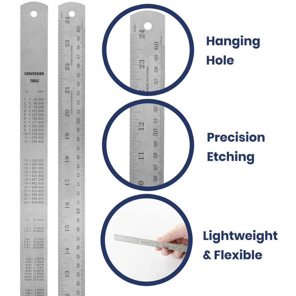 2 Pack Pacific Arc 12 Inch Stainless Steel Ruler with Inch/Metric Conversion Table