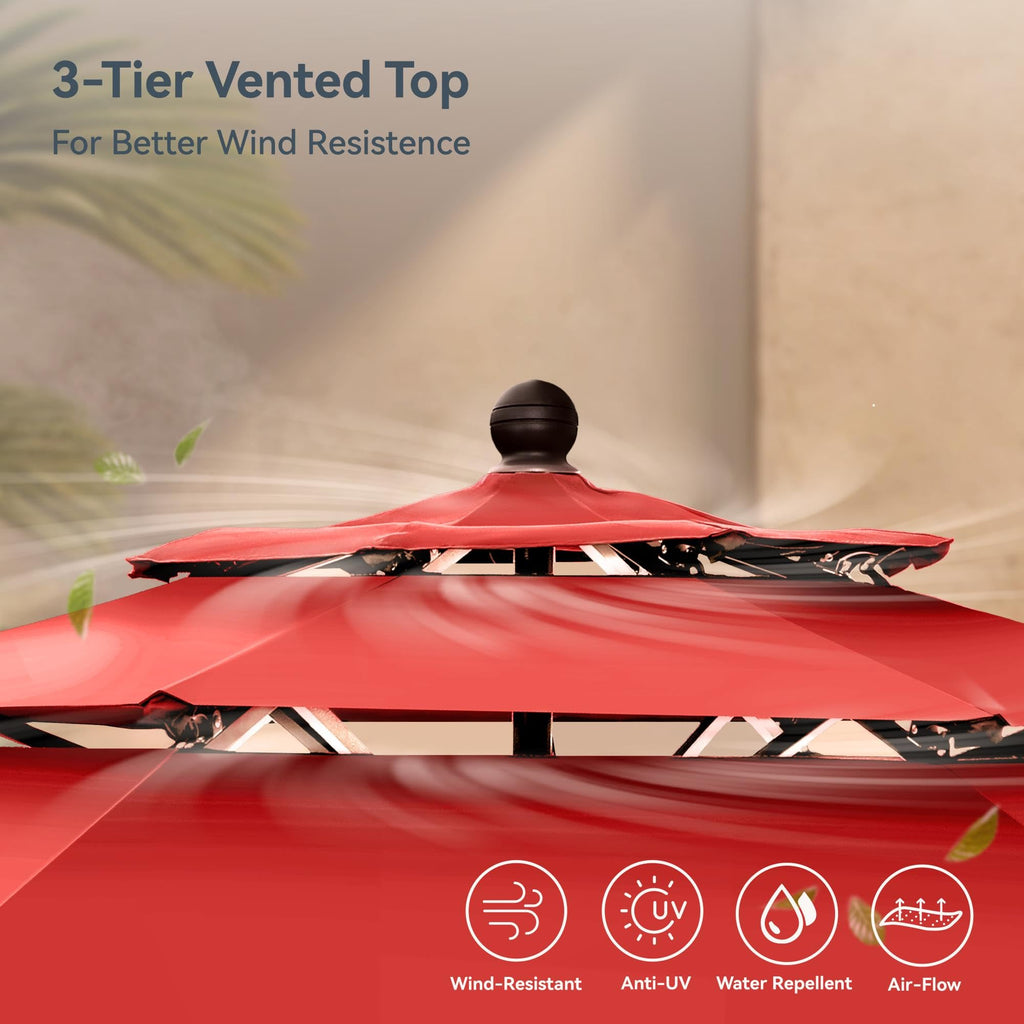 PHI VILLA 10ft Patio Umbrellas, Outdoor 3 Tier Vented Large Market Table Umbrella with 8 Sturdy Ribs and 1.5" Umbrellla Pole for Lawn Poolside Garden Terrace, Beige(No Base)