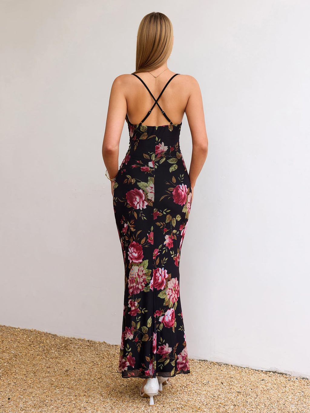 URYIAO Women's Summer 2026 Floral Spaghetti Strap Maxi Dress Sleeveless Ruched Mesh Bodycon Long Wedding Guest Dresses