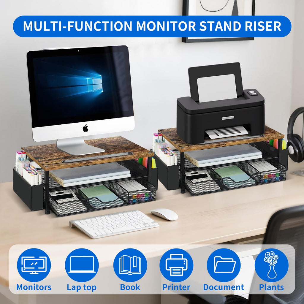AUPSEN 2 Tier Computer Monitor Stands with Drawer and 2 Pencil Holder, Metal Monitor Stand Monitor riser, Computer Desk Organizer and Accessories for Laptop, Computer, Printer, Office Supplies(Black)