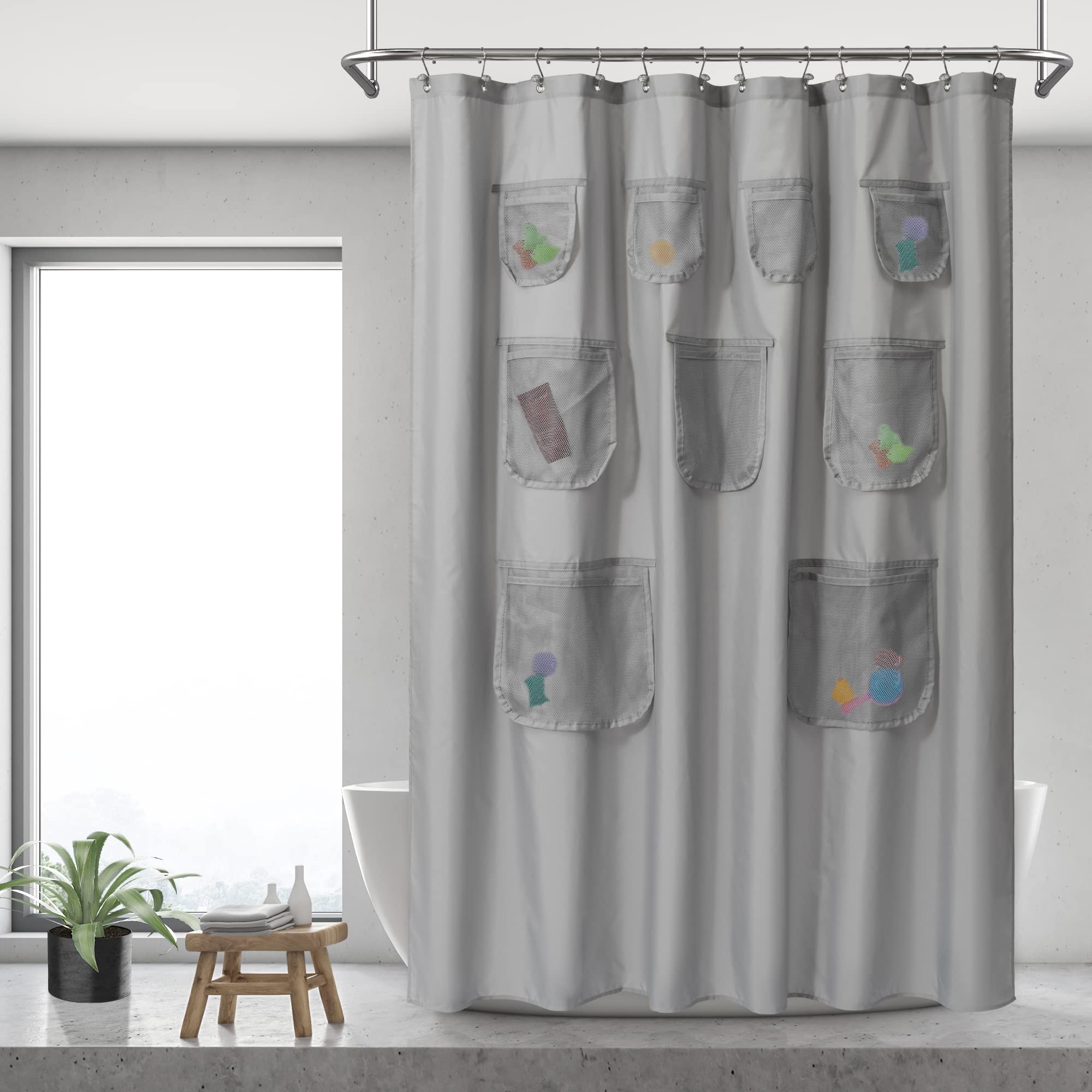 N&Y HOME Waterproof Fabric Shower Curtain or Liner with 9 Mesh Pockets - Black, 71x72 Inches