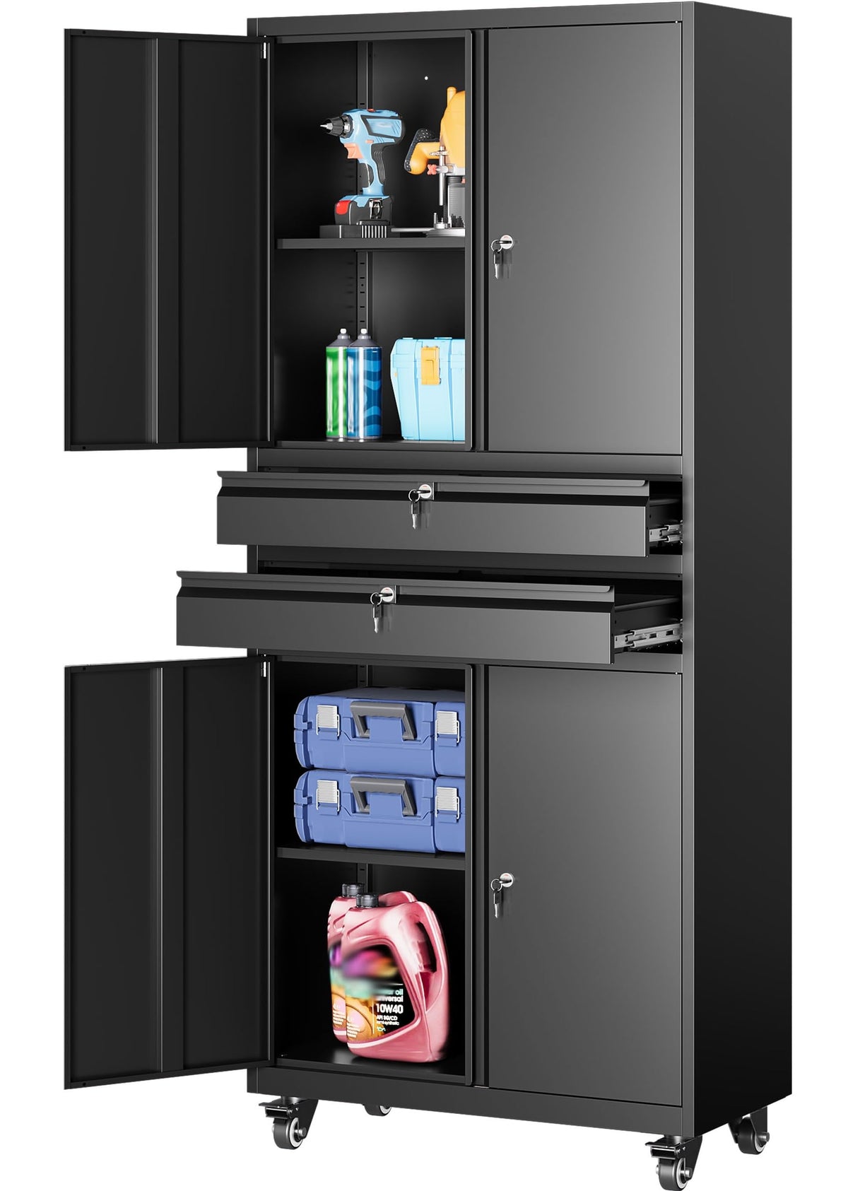 SISESOL Wide & Deep Metal Storage Cabinet with Wheels,Tall Rolling Garage Storage Cabinet with Lock,Black Metal Cabinets with Pegboards and Shelves,Tool Locker for Garage,Home,Office,43''Wx 20''Dx71"H