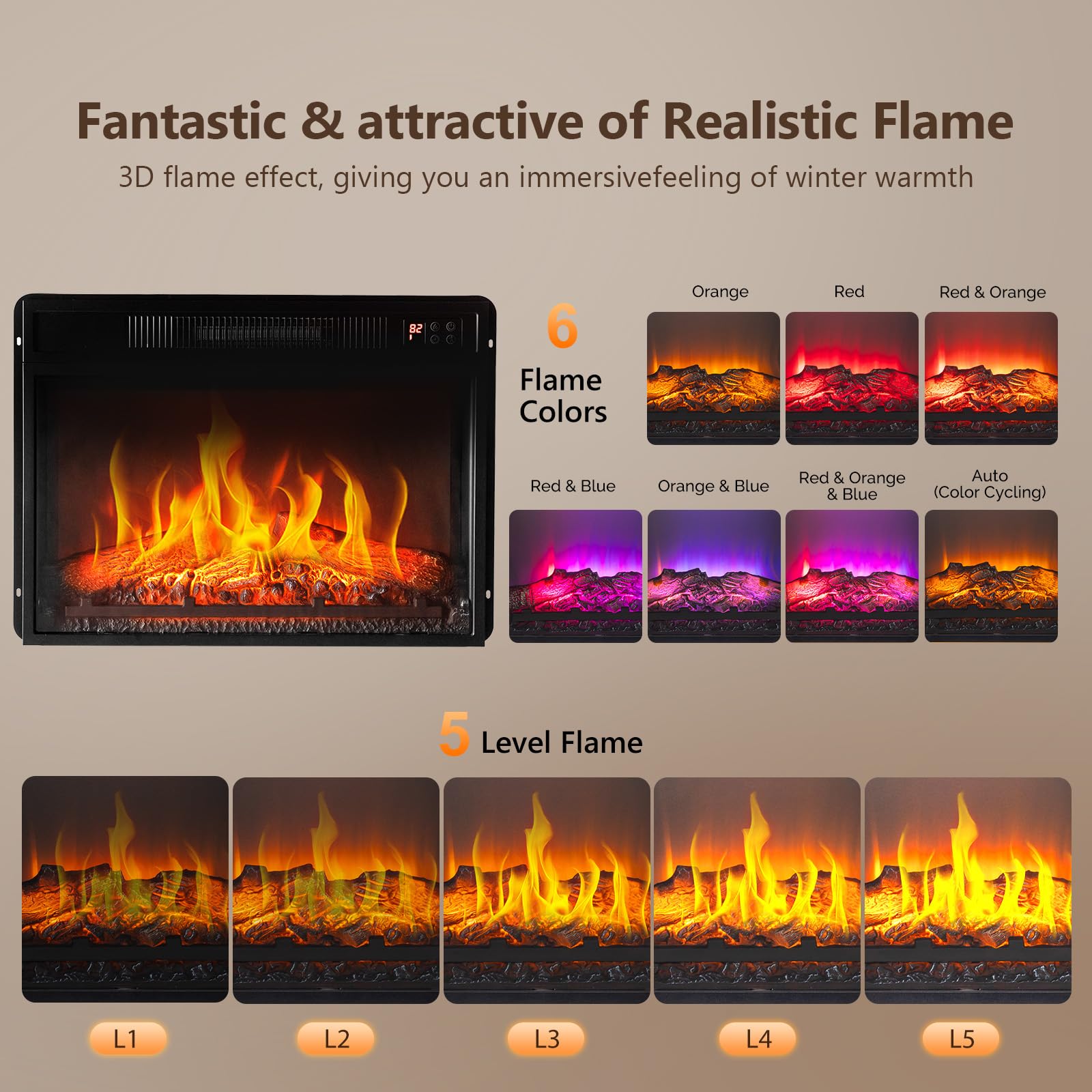 ROVSUN 47'' Electric Fireplace with Mantel, Freestanding Heater with Timer, 6 Realistic Flames & Adjustable Temperature for Home Bedroom Living Room Indoor, 1400W