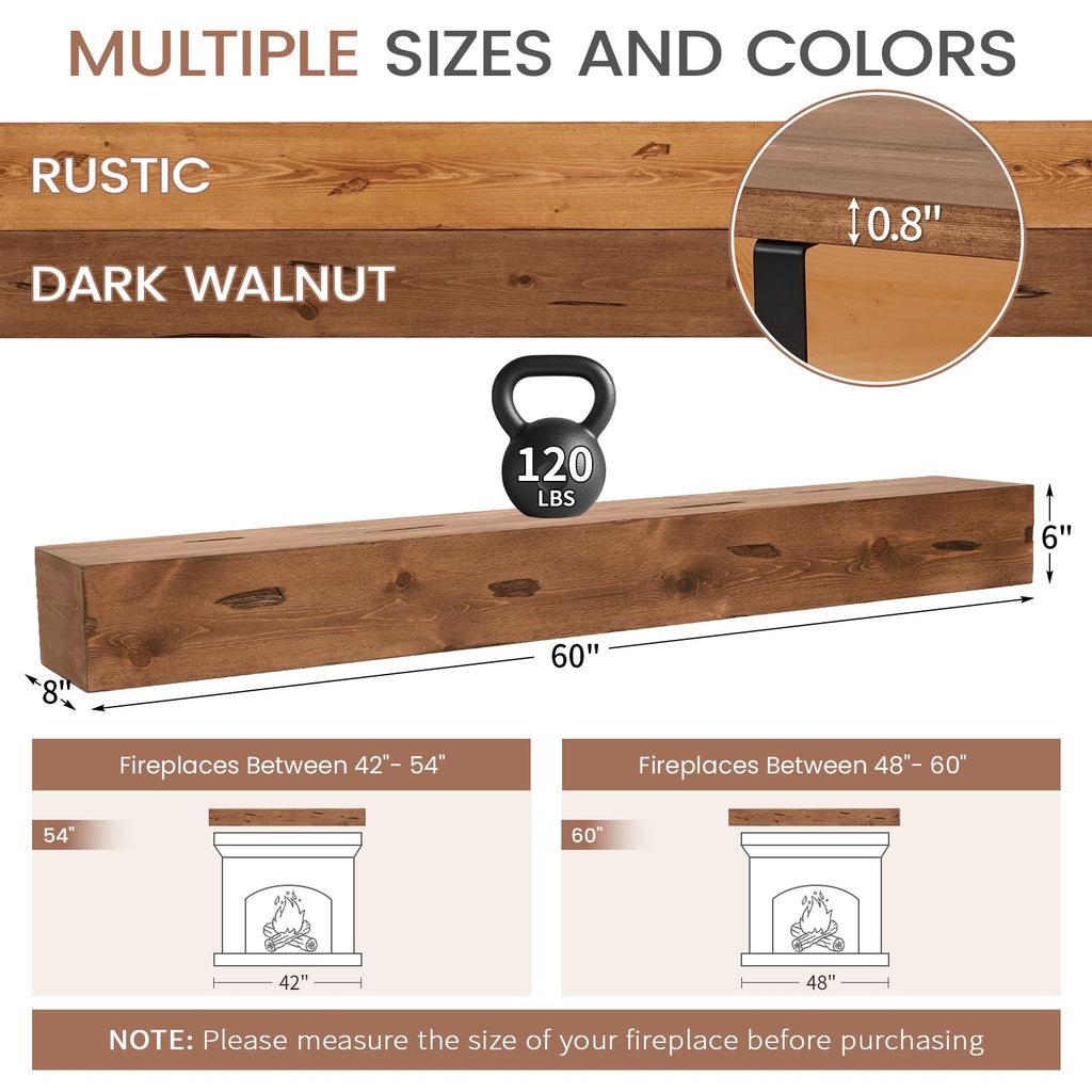 G GOOD GAIN Fireplace Mantel 54inch - Handmade Rustic Wood Mantel for Over Fireplace | Wall Mounted Floating Mantle Shelves for Living Room Decor(Chocolate, 54Lx5Hx8D)