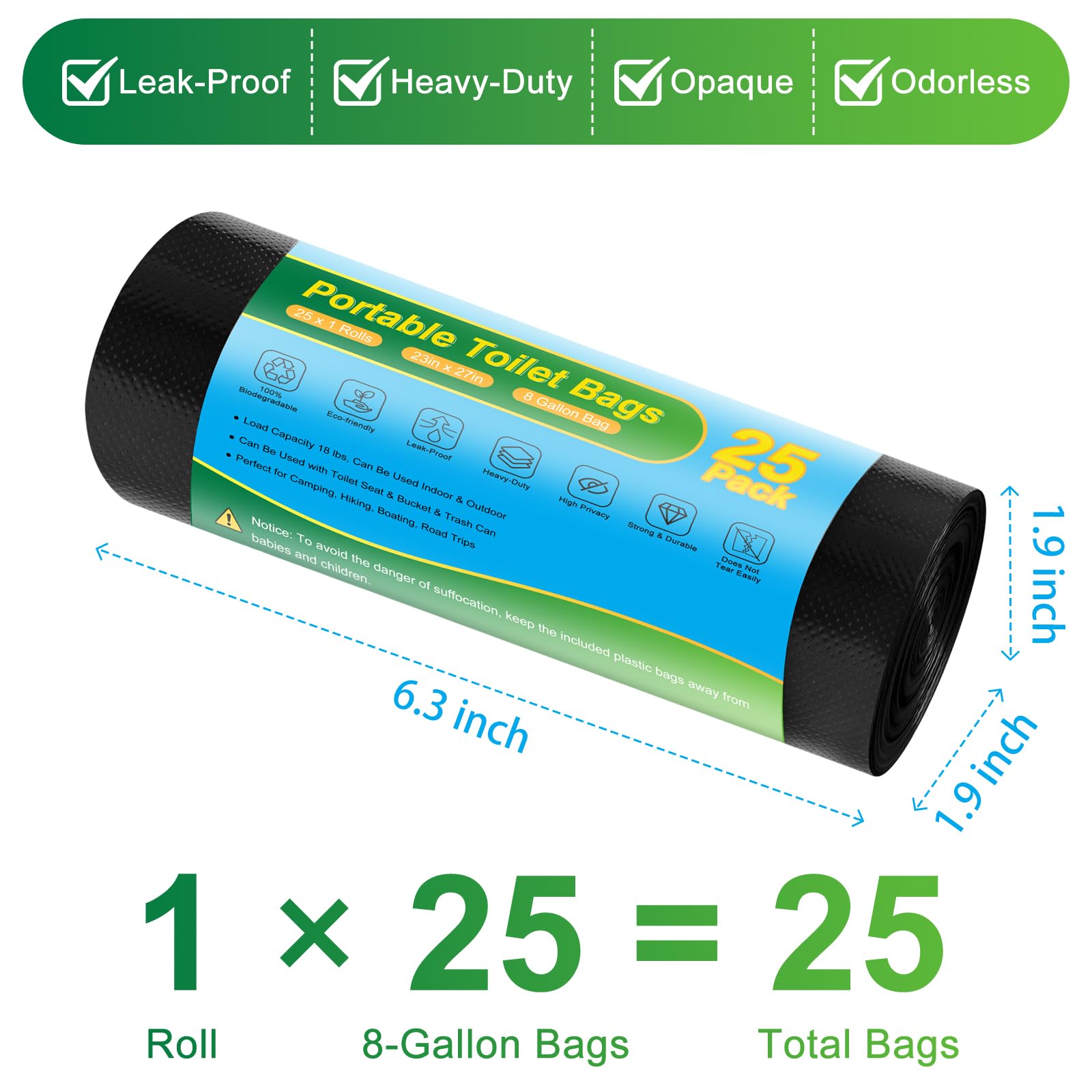 Portable Toilet Bags - 8 Gallon Camping Toilet Bags, Biodegradable Travel Potty Bag for Portable Toilet, Thickened Camp Toilet Waste Bags for 5 Gallon Bucket Toilet, Compostable Trash Bags