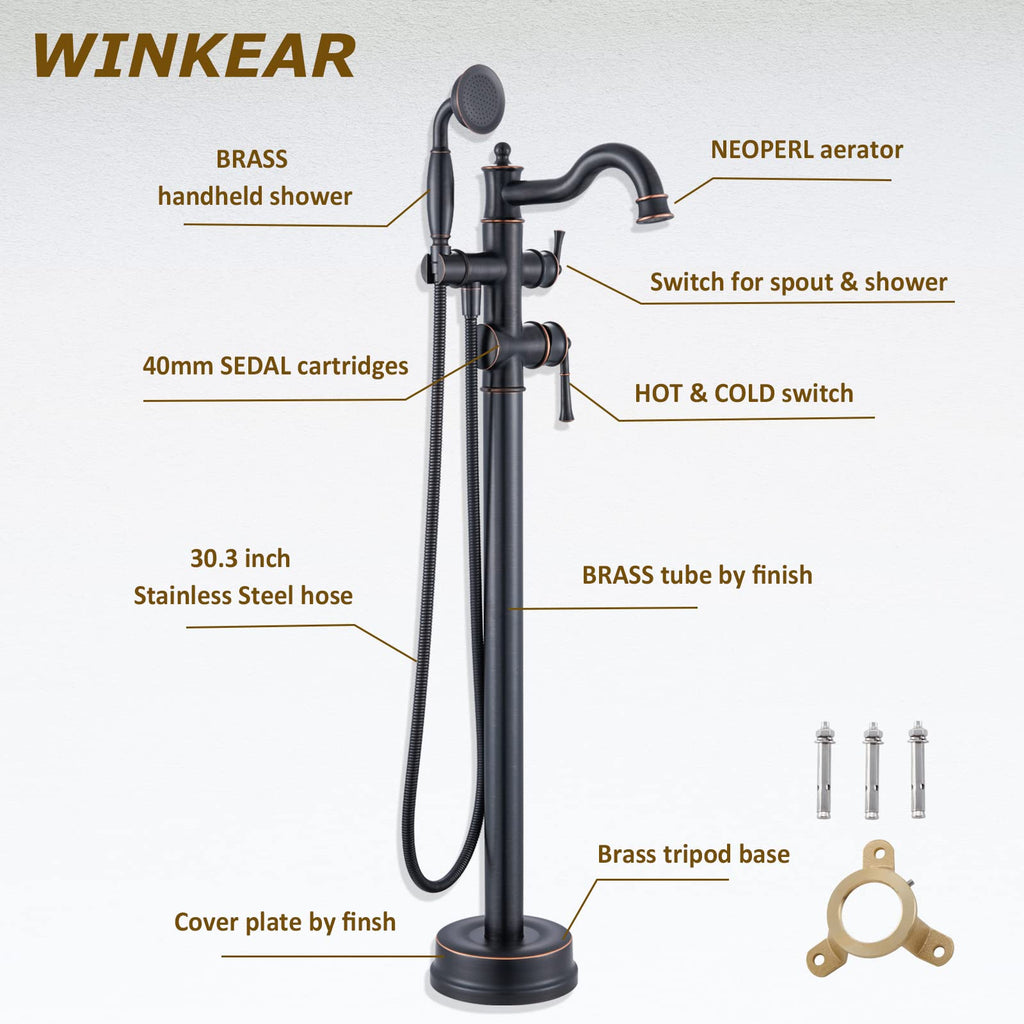 Freestanding Floor Mount Tub Filler with Handheld Shower Roman Bathtub Faucet by Brushed Gold Finish, Swivel Spout with Brass Rough-in and Water Hose