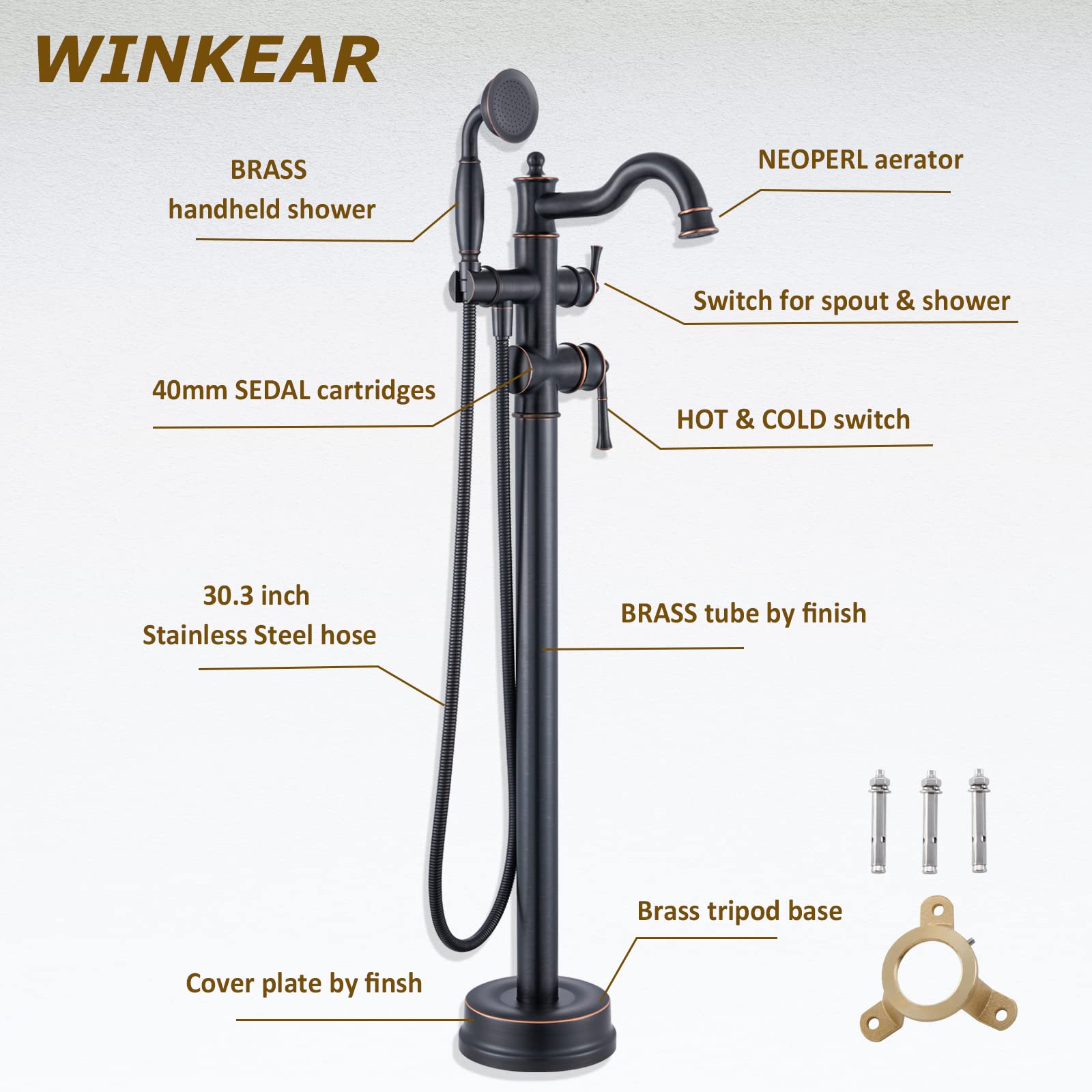Freestanding Floor Mount Tub Filler with Handheld Shower Roman Bathtub Faucet by Brushed Gold Finish, Swivel Spout with Brass Rough-in and Water Hose