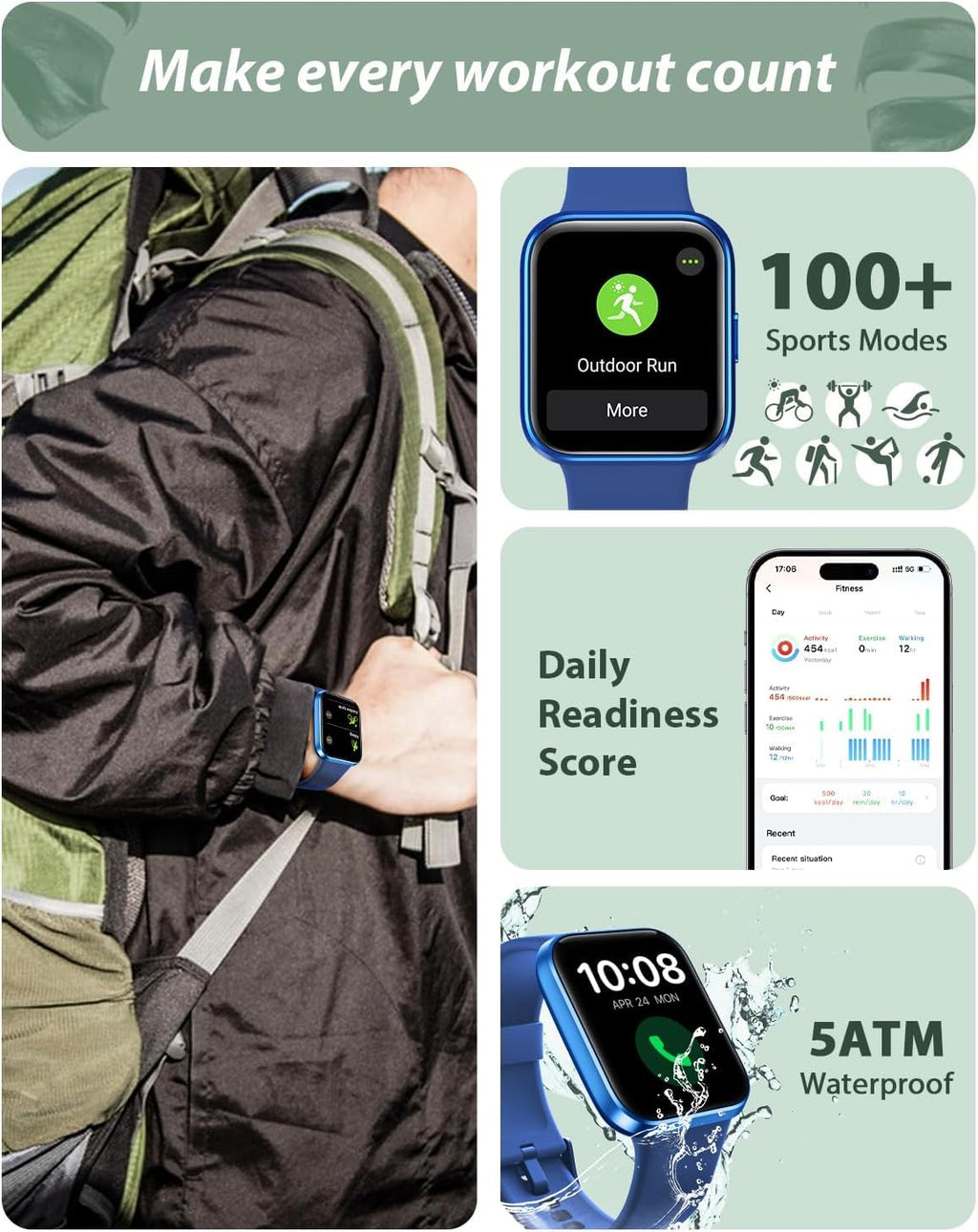 Tensky Smart Watch for Men/Women Android/iPhone/Samsung, Alexa Built-in, 1.8" Touch Screen Fitness Tracker with Answer/Make Calls, 3ATM Waterproof Heart Rate/Sleep/SpO2 Monitor, 120+ Sport Modes