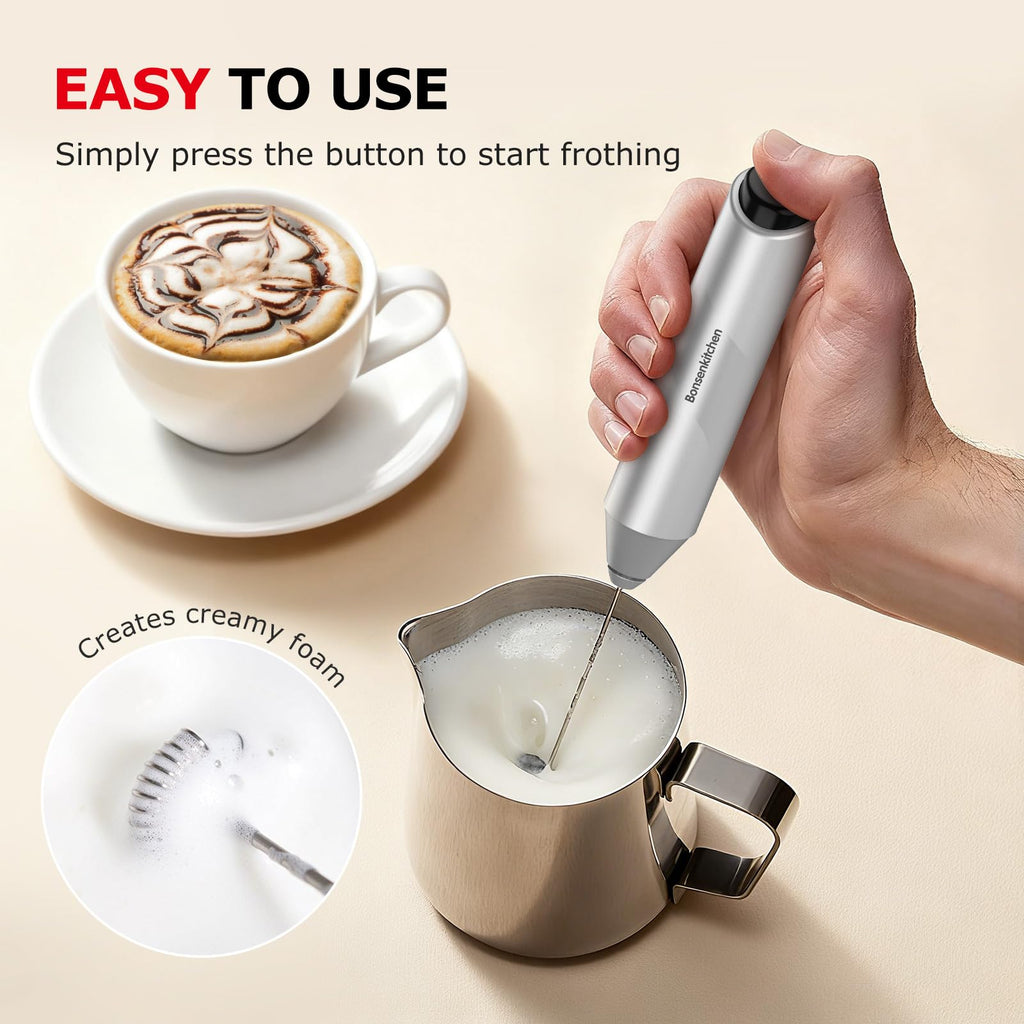 Bonsenkitchen Powerful Milk Frother for Coffee, Fast Handheld Drink Mixer with Stainless Steel Whisk, Battery Operated Hand Frother Stirrer Wand-Black
