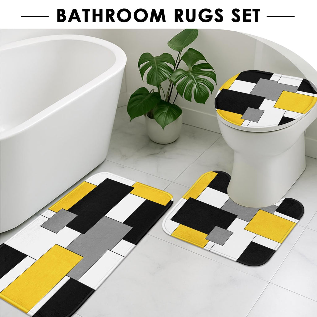 Beige Geometric Shower Curtain Set with Toilet Lid Cover and Non-Slip Rugs for Bathroom, Black Grey White Checkered 4 Pcs Shower Curtain, Modern Abstract Bathroom Set with 12 Hooks