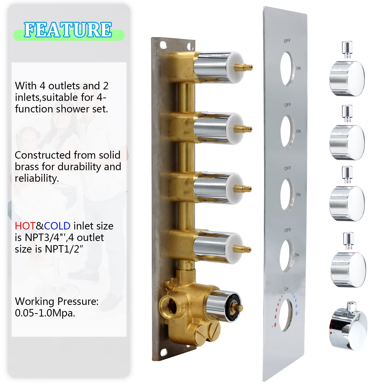 HOMEDEC 2 Way Shower Diverter Valve Brass Dual Functions Thermostatic Shower Mixing Valve Kit 3 Handle Flow Control Valve, 3/4 Inch Inlet, Can Use All Options At a Time, Matte Black