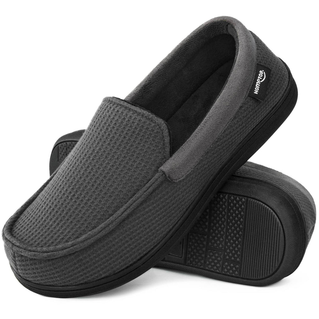 HomeTop Men's Comfort Memory Foam Moccasin Slippers, Breathable Cotton Knit Terry Cloth House Shoes for Indoor Outdoor