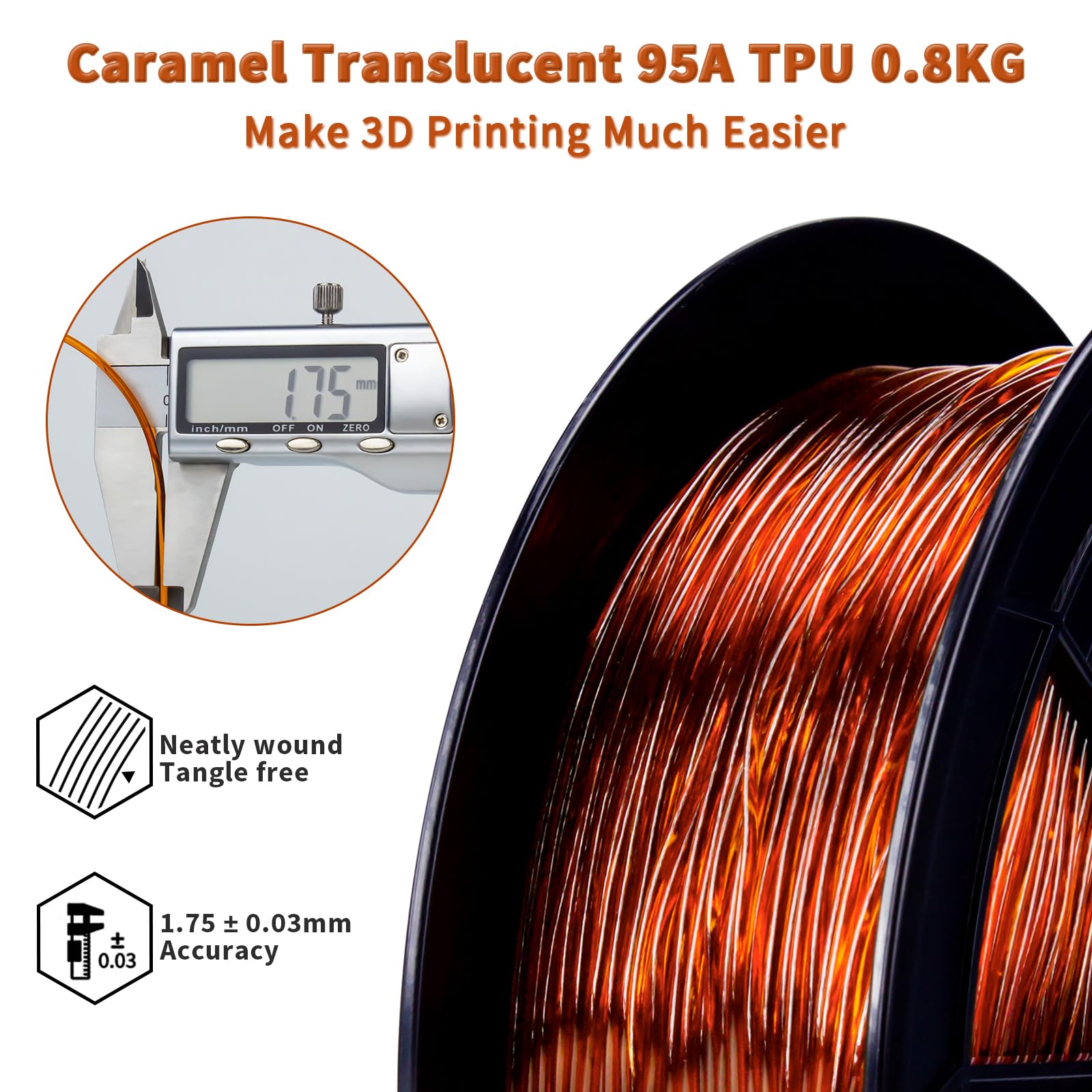 ZIRO TPU Filament 1.75mm 3D Printer Filament, Shore 95A Hardness TPU, Flexible Soft Material, 0.8KG/1.8lbs Spool, Fit Most FDM 3D Printers, Black