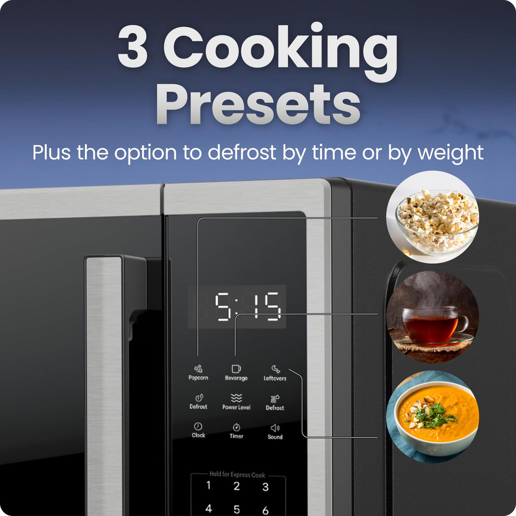 Chefman Compact Countertop Microwave Oven 0.7 Cu. Ft., 700W with 10 Power Levels, 3 Cooking Presets with One-Touch Express Cook, 2 Defrost Settings, Child Safety Lock, & Mute Button – Stainless Steel