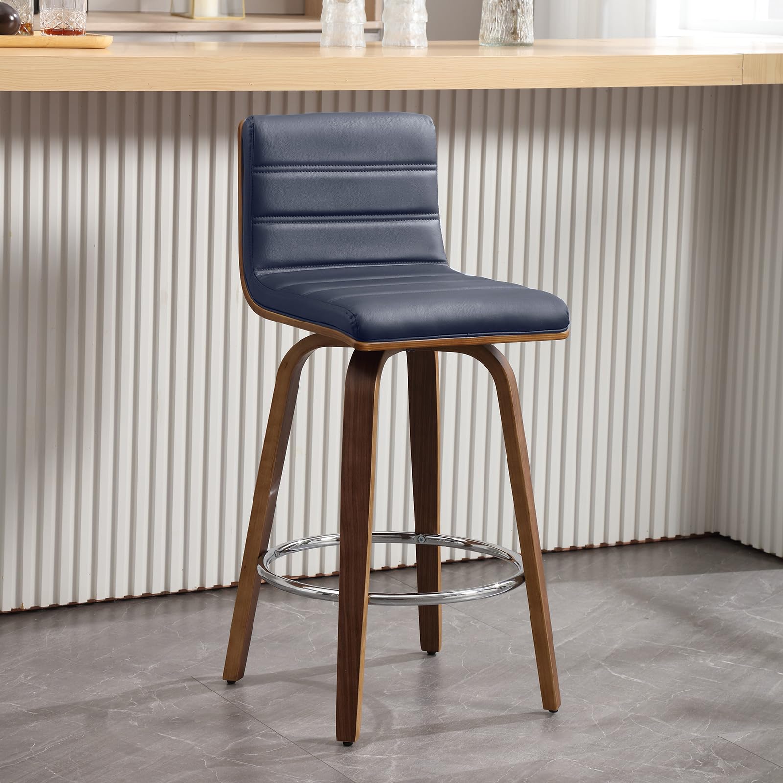Bar Stools 29 Inch Bar Height, Swivel Bar Stools with Backs Upholstered PU Leather Barstool, L Shape Back and Padded Seat, Mid-Century Modern Bar Stool Pub Chairs for Kitchen Counter Island, Black
