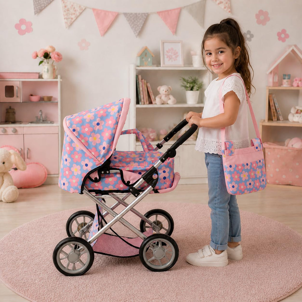Baby Doll Convertible Pram Stroller with Removable Travel Bassinet Carrier for Kids Adjustable Handle Buggy Carriage with Canopy and Storage Basket 25 Inch Pink, Black