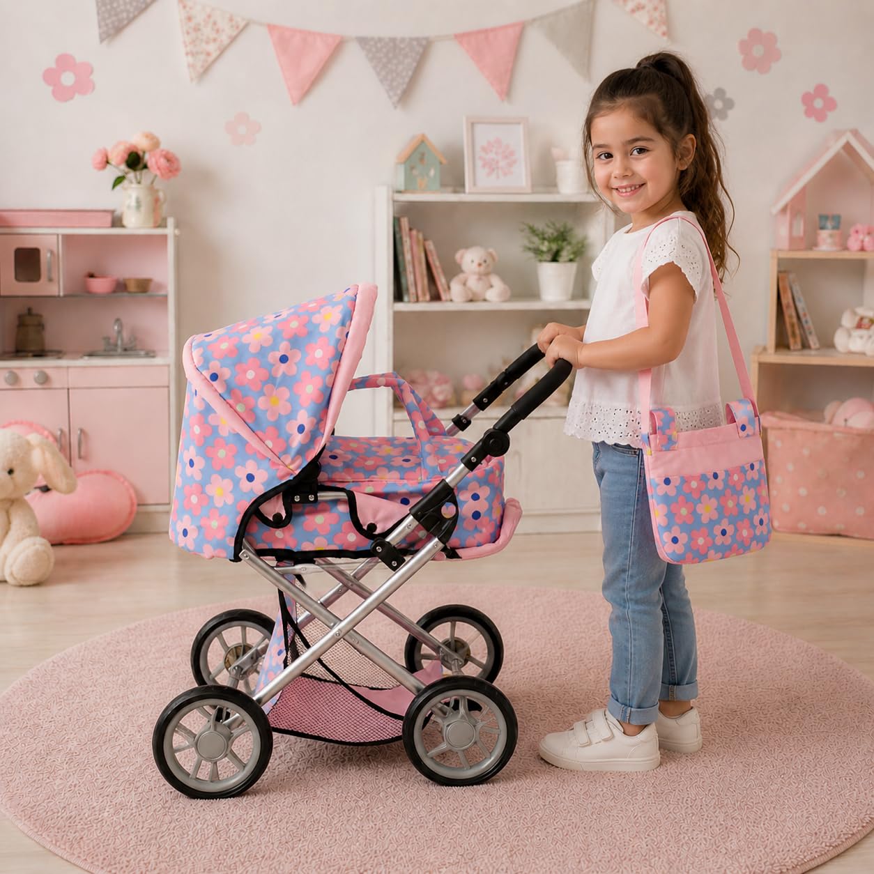 Baby Doll Convertible Pram Stroller with Removable Travel Bassinet Carrier for Kids Adjustable Handle Buggy Carriage with Canopy and Storage Basket 25 Inch Pink, Black