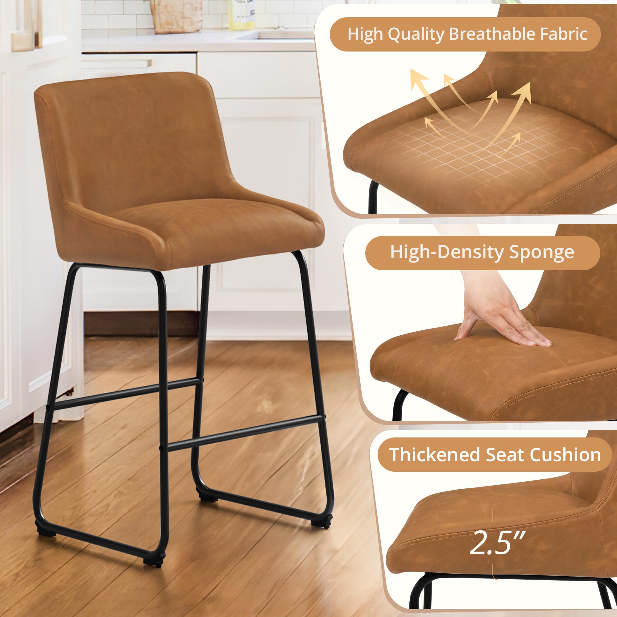 LUE BONA 26 Inch Counter Height Bar Stools Set of 2, Faux Leather Upholstered Barstools, Barstool with Back, Comfortable Bar Chairs, Modern Counter Stools for Kitchen Counter Island