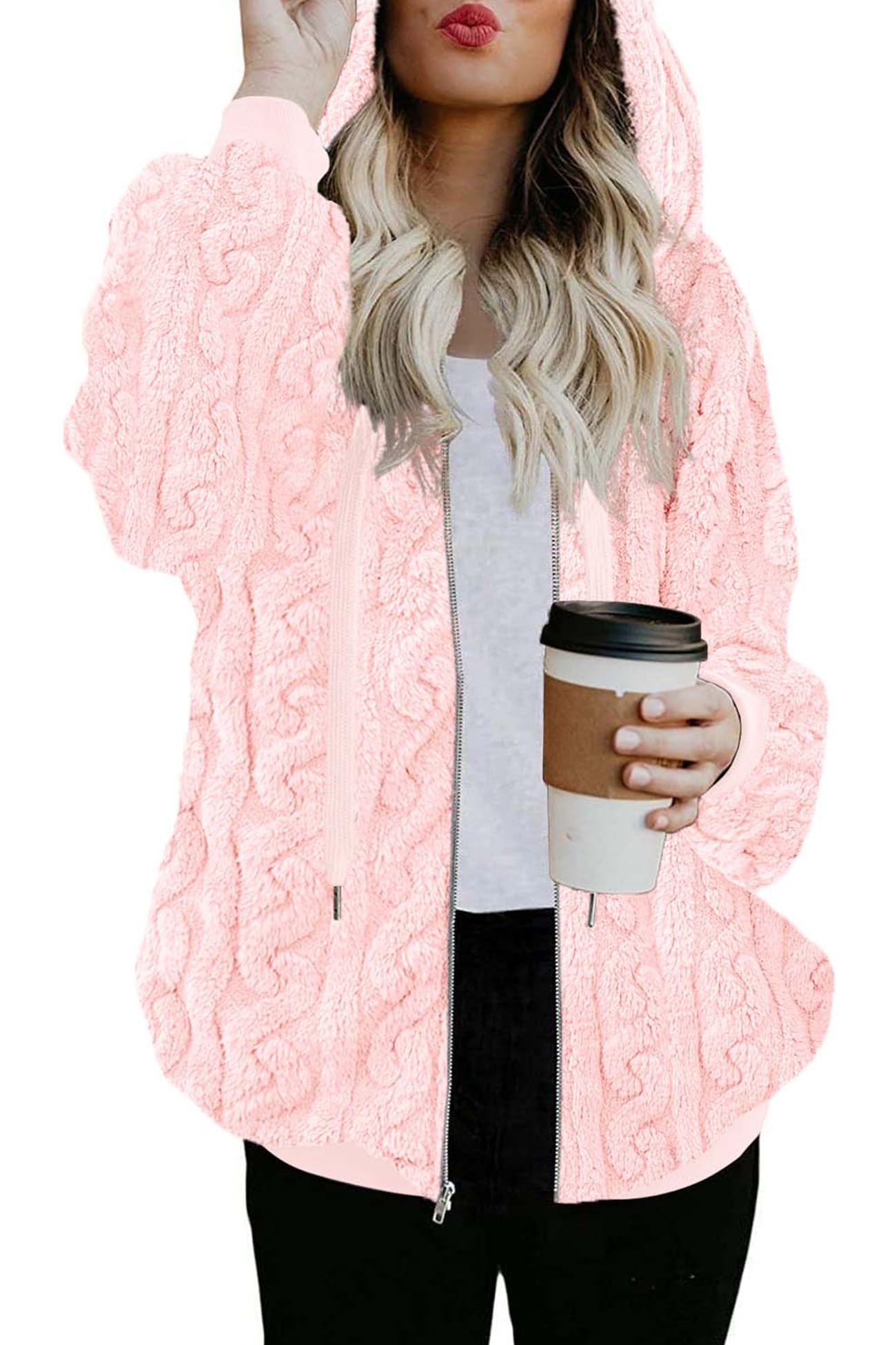ReachMe Womens Oversized Sherpa Jacket Fuzzy Fleece Zip Up Hoodies with Pockets Warm Fall Outfits Winter Coats