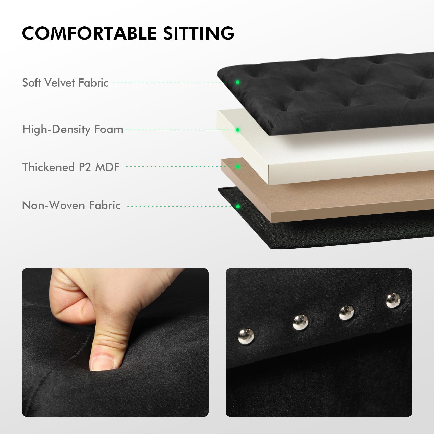 PINPLUS Folding Storage Ottoman Bench, Folding Velvet Tuffed Foot Rest Stool with Rivet, End of Bed Bench Large Long Shoes Chest for Bedroom Entryway Living Room, Beige, 41.3 Inches