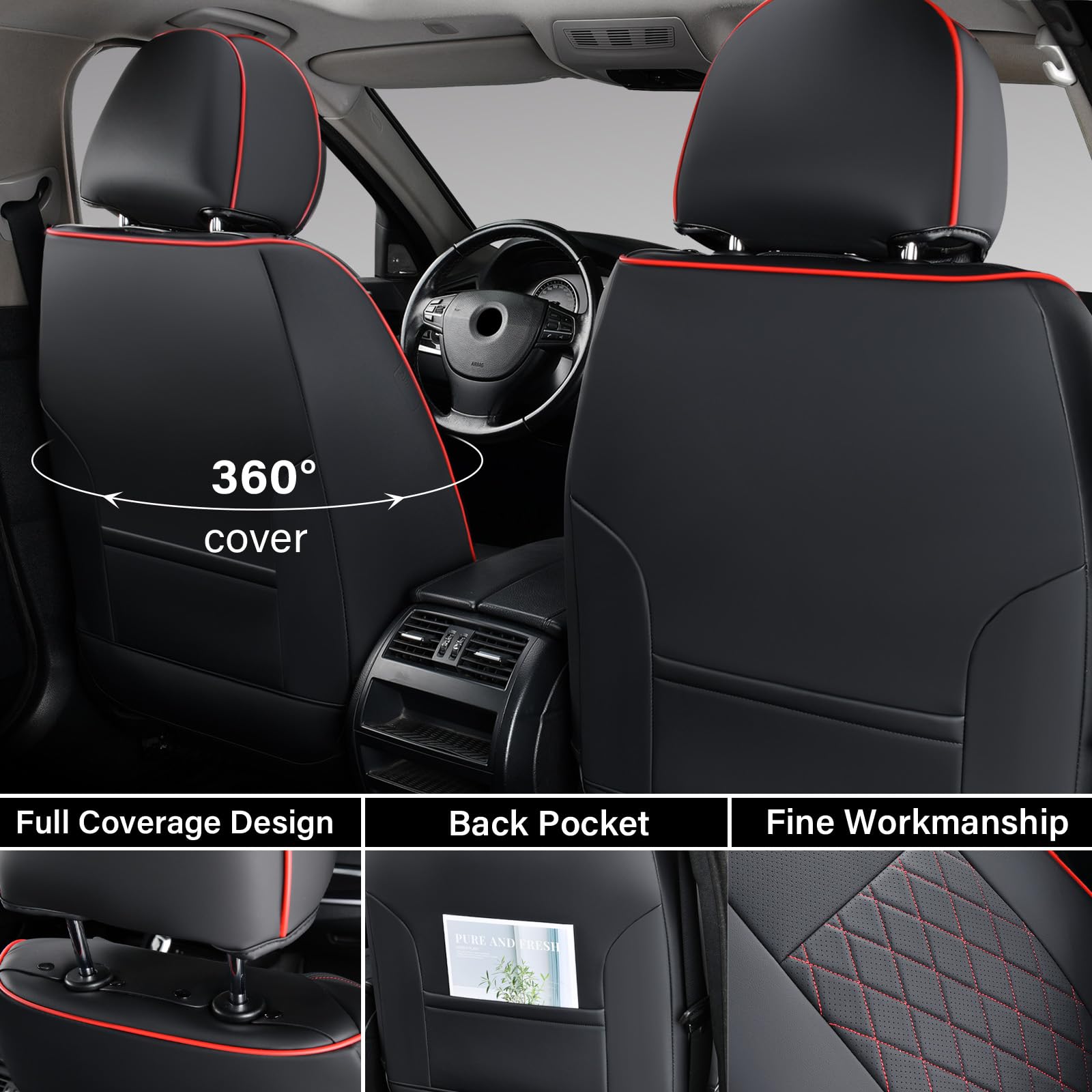 Coverado Tacoma Seat Covers, Car Seat Covers Front Seats, Leather Seat Covers for Cars Car Seat Protector Cushion Tacoma Accessories Custom Fit 2005-2023 Toyota Tacoma Double/Crew Cab(Black)