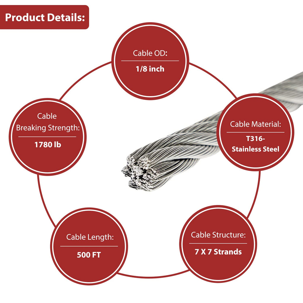 500FT 1/8 Stainless Steel Cable for Deck Cable Railing System,Premium T316 Aircraft Cable Kits,7x7 Strands Construction Braided Stainless Wire,1/8 inch Wire Rope Cable,DIY Balustrades