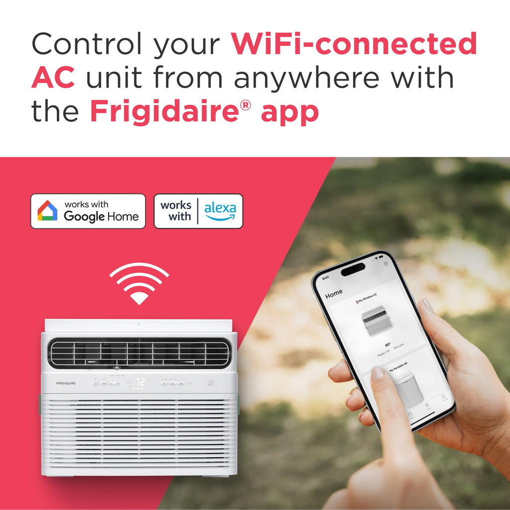 Frigidaire 8,000 BTU Smart Window Air Conditioner with Wi-Fi, Cools Up to 350 Sq. Ft., Remote Control, Quiet Operation, Eco Mode, 3 Fan Speeds, White