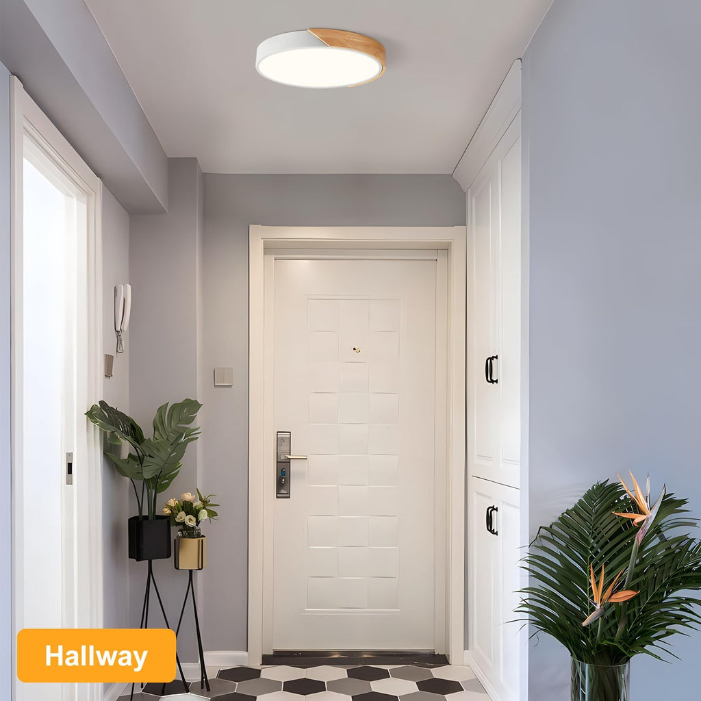 Modern LED Ceiling Light, Minimalist Wood Dimmable Flush Mount Ceiling Light Fixture, Round 5CCT Lighting Lamp with Acrylic Lampshade for Bedroom Hallway Kitchen Laundry, Black 11.8"