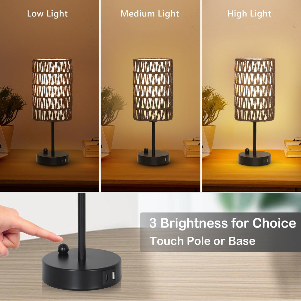 Rattan Bedside Table Lamps Set of 2 - Boho Lamps With 3 Color Temperatures & USB AC Port, Pull Chain Table Lamp For Bedroom, Cute Small Lamp For Nightstand Office Desk Bed Side End Table Living Room