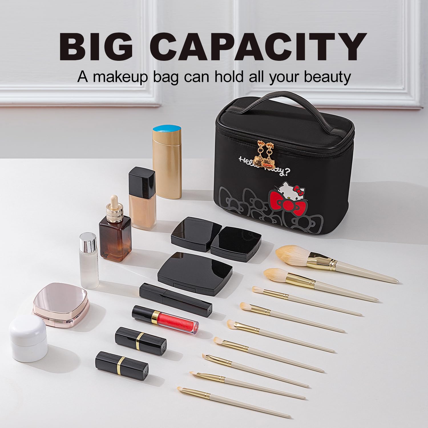 AmBealla Makeup Bag Large Waterproof Cosmetic Bags with Makeup Brush Holder,Cute Printed Makeup Organizer for Women Traveling,Portable Toiletry Bag for Girls