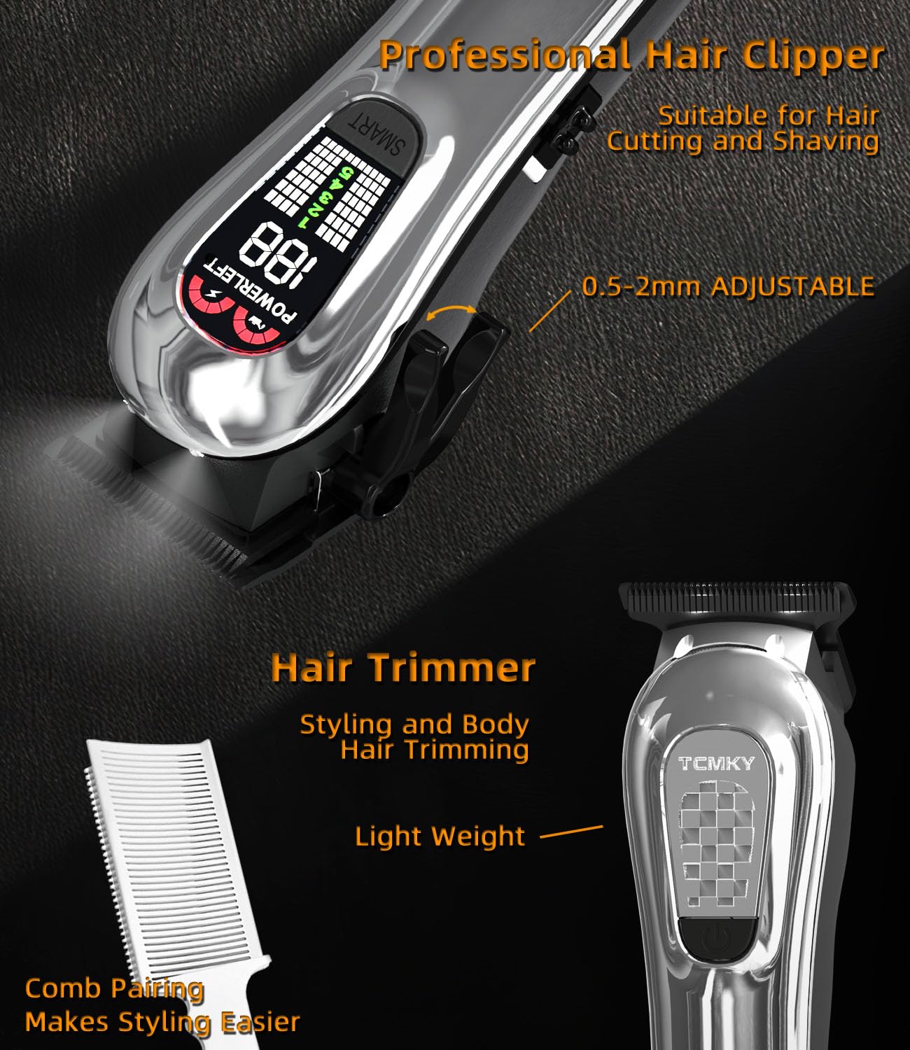 TCMKY Hair Clippers Professional Cordless for Men, Barber Clippers for Hair Cutting Kit, Wireless LCD Display Hair Trimmers Set, Rechargeable Haircut Machine for Family (Black)