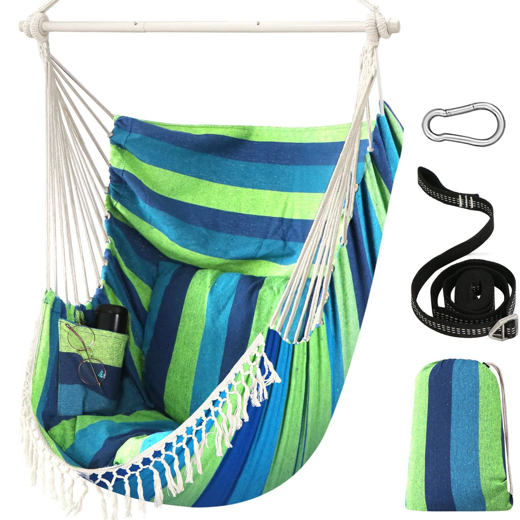 Chihee Hammock Chair Hanging Swing Max 500 Lbs 2 Cushions Included Metal Spreader Bar with Anti-Slip Grooves Portable Hanging Chair Side Pocket Large Macrame Bohemian Chair Indoor Outdoor | Hanging Swing with Anti-Slip Grooves Portable Hanging Chair Side