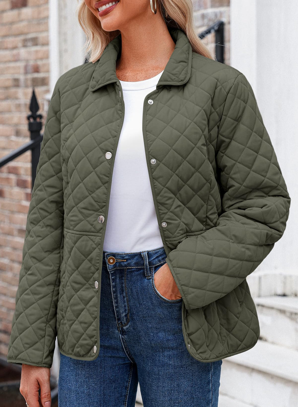 Dokotoo Women's Winter Quilted Jackets Long Sleeve Button Down Diamond Puffer Jacket Outerwear Coats with Pockets
