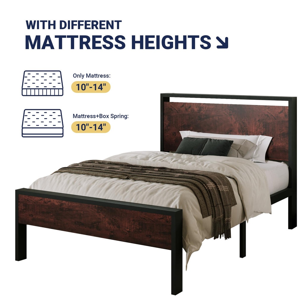 Allewie Twin Size Platform Bed Frame with Wooden Headboard and Footboard, Heavy Duty Metal Slats Support, No Box Spring Needed, Under-Bed Storage, Noise Free, Easy Assembly, Black Oak