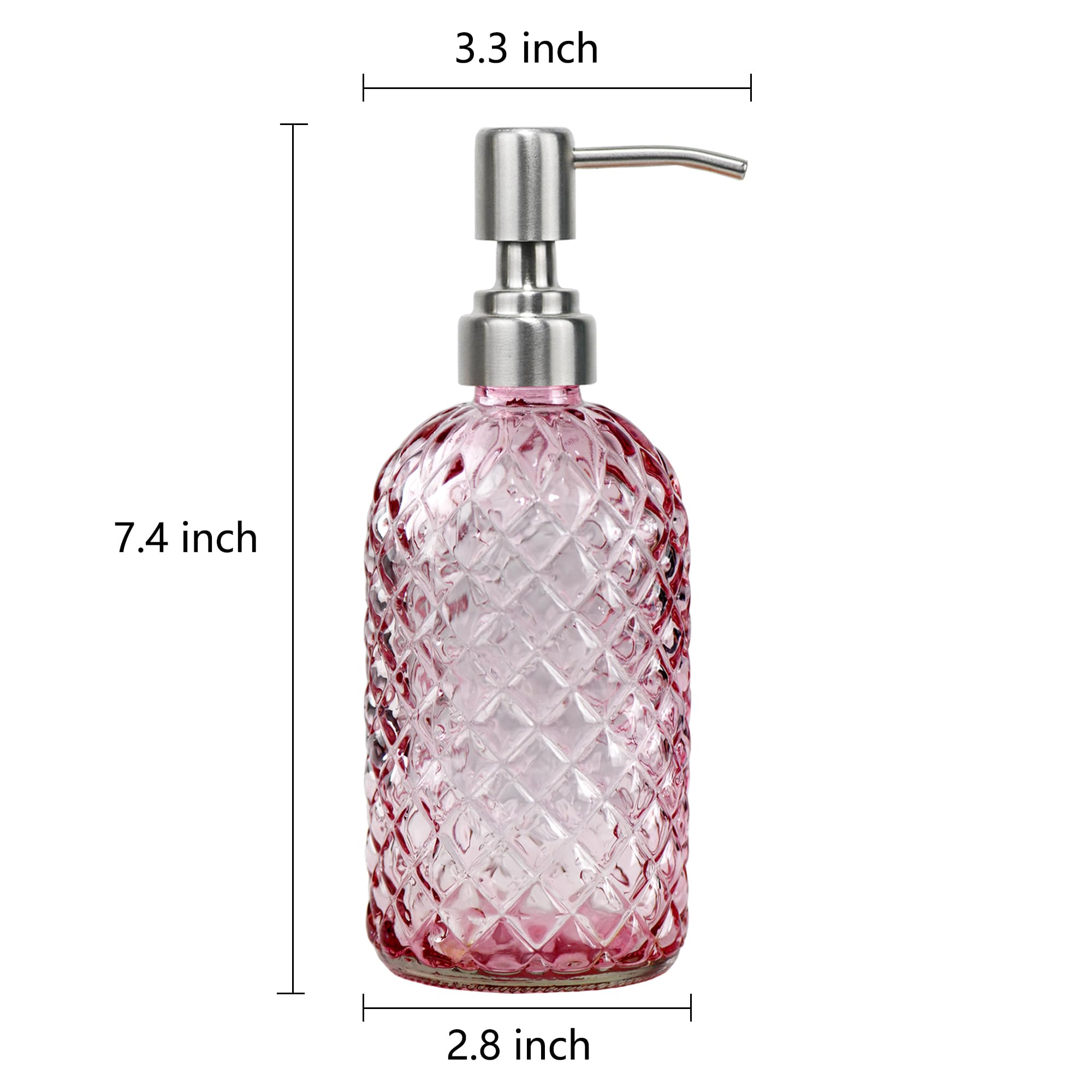 16 oz Diamond Pattern Glass Soap Dispenser, Kitchen and Bathroom Refillable Soap Dispenser with Rust Resistant Stainless Steel Pump for Hand Soap, Lotion Glass Liquid Dispenser(Amber)