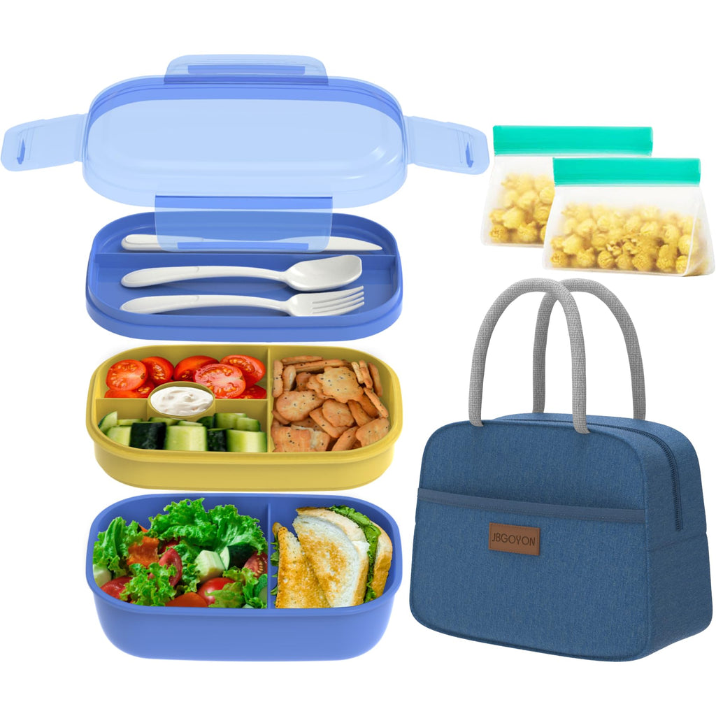 JBGOYON® Bento Lunch Box Set - 3 Stackable Containers for Adults and Kids- Includes Lunch Bag, Leak-Proof and BPA-Free - Built-in Utensil Set and Snack Bag - Dishwasher Safe(Grey Black)
