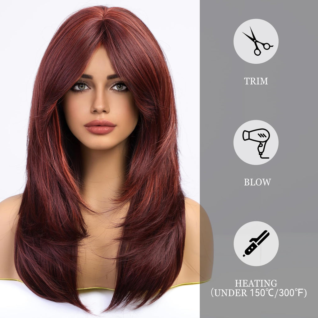 HAIRCUBE Auburn Wigs for Women,Long Layered Orange Wigs with Bangs Heat Resistant Synthetic Fibre Wigs(pelucas de cabello natural)