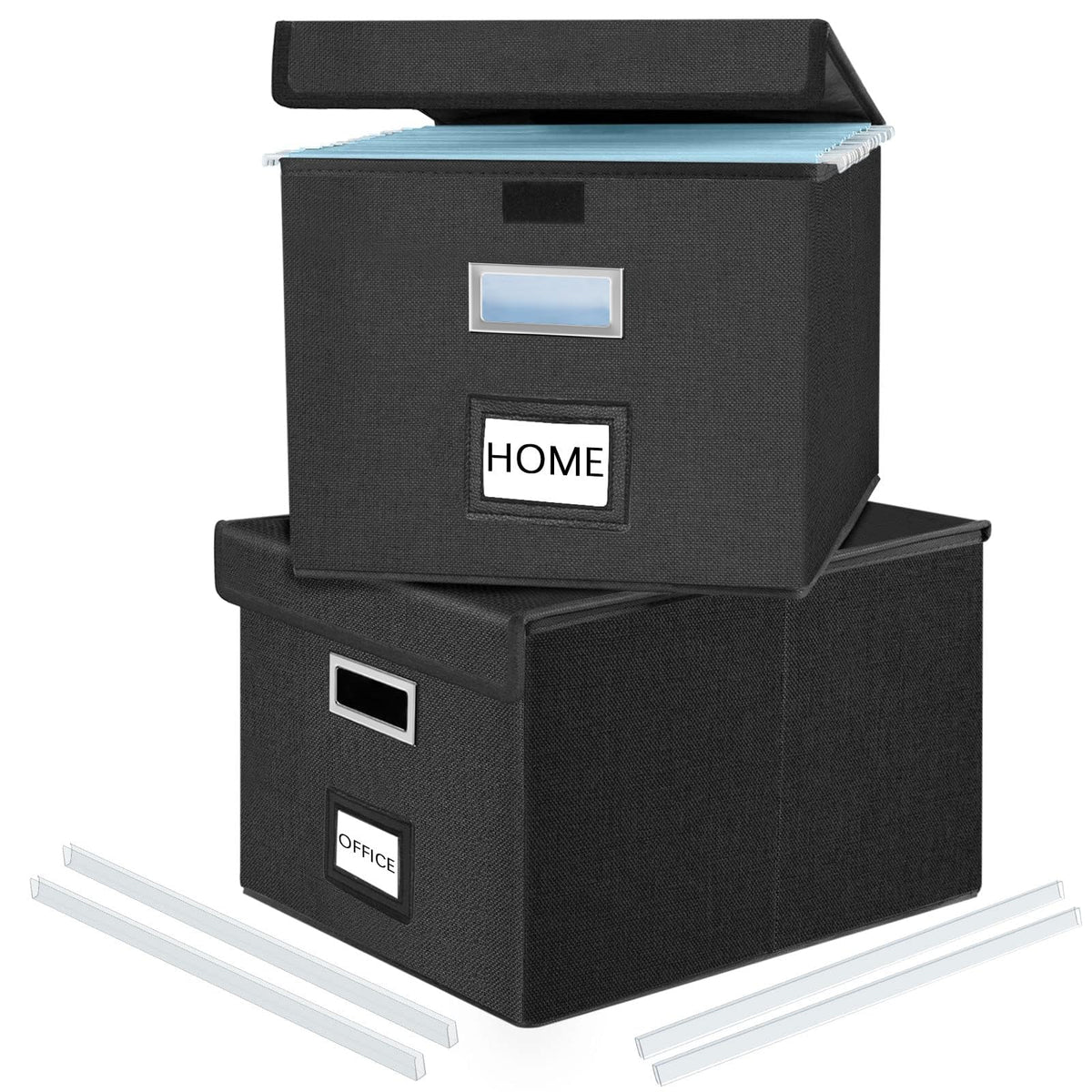 File Organizer Box with Lid, Collapsible Faux Leather Hanging File Folder Box Organizer with Plastic Slides, Decorative Home/Office Filing System Boxes for File and Folders Storage