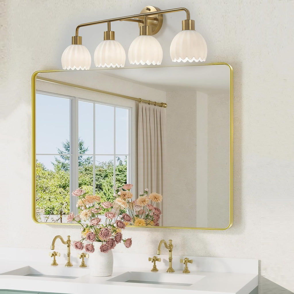 1-Light Gold Brass Bathroom Light Fixture,Wall Sconces set of 2,Brushed Gold Vanlity Light Over Mirror,Bathroom Vanity Light with White Tulip Glass Flower Shade,E26 Socket(Bulbs Not Included)