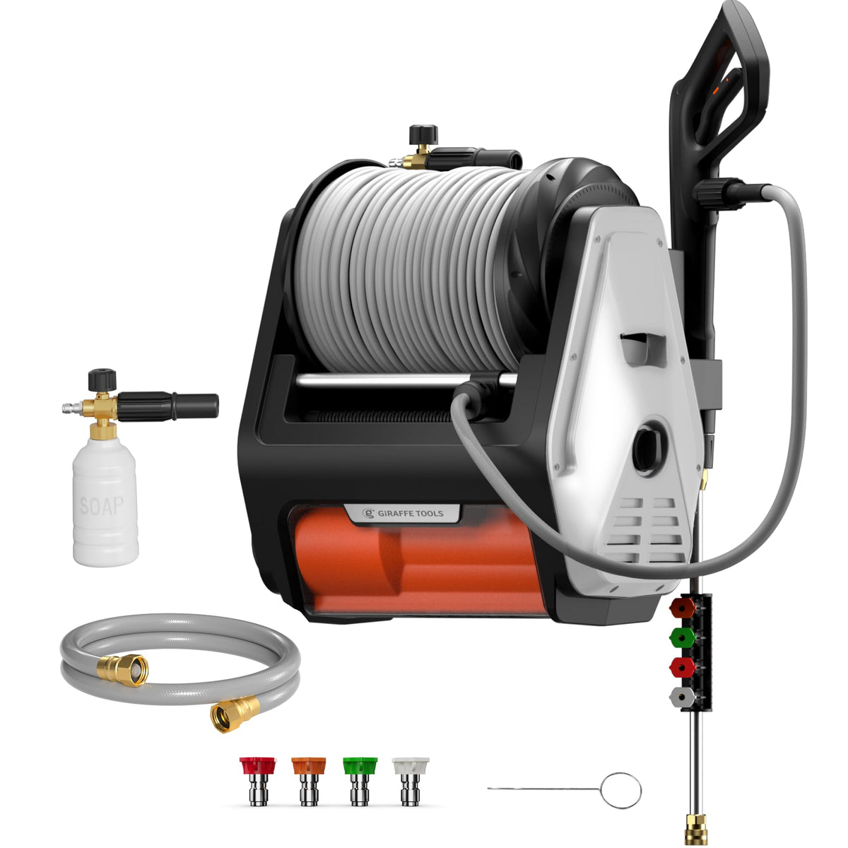 Giraffe Tools Grandfalls Retractable Wall Mounted Pressure Washer Pro, 3700 PSI, 1.6 GPM Electric Power Washer, Automatic Rewind, 100ft Pressure Hoses, 5 Nozzles for Cars/Fences/Patios, Dark Silver