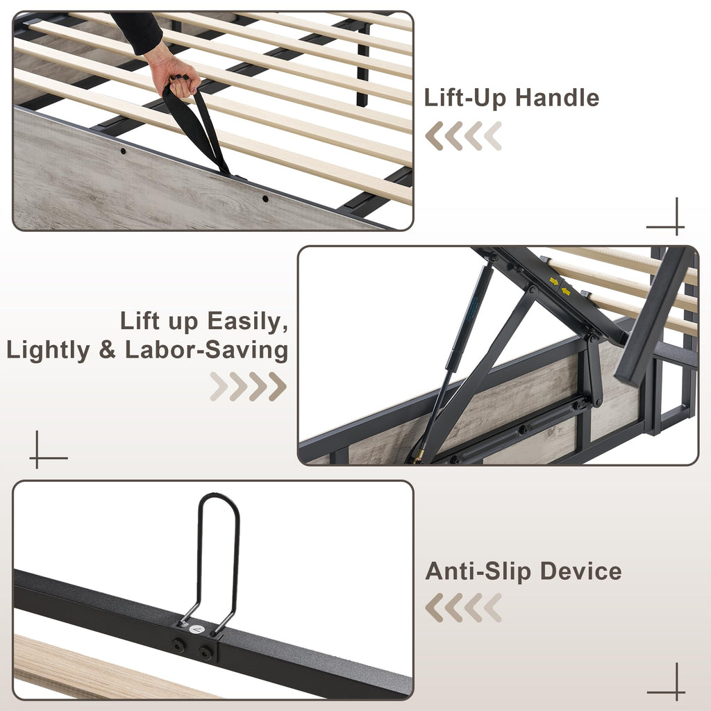 LUXOAK Full Size Lift Up Storage Bed, Wood Platform Bed Frame with Storage Headboard & Charging Station, No Box Spring Needed, Easy Assembly, Black